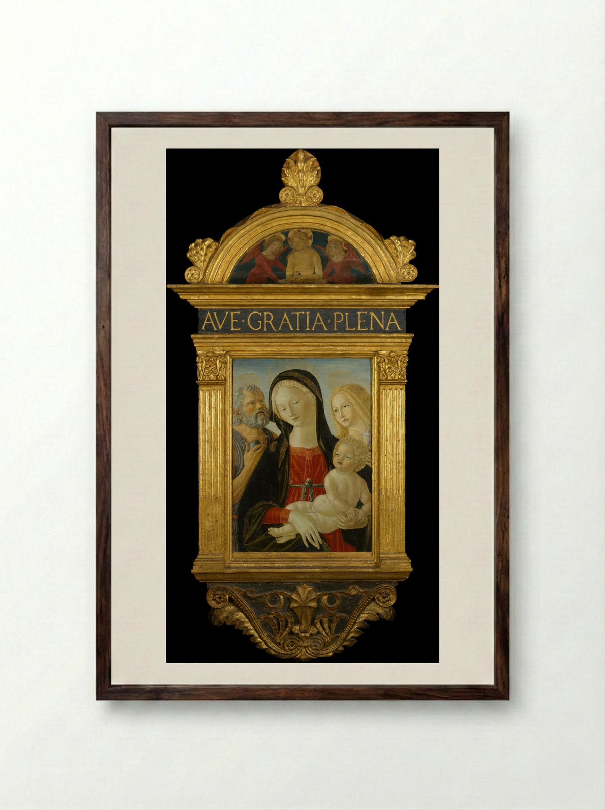Madonna and Child with Saints Jerome and Mary Magdalen - Neroccio de' Landi - Framed Print Dark Wood
