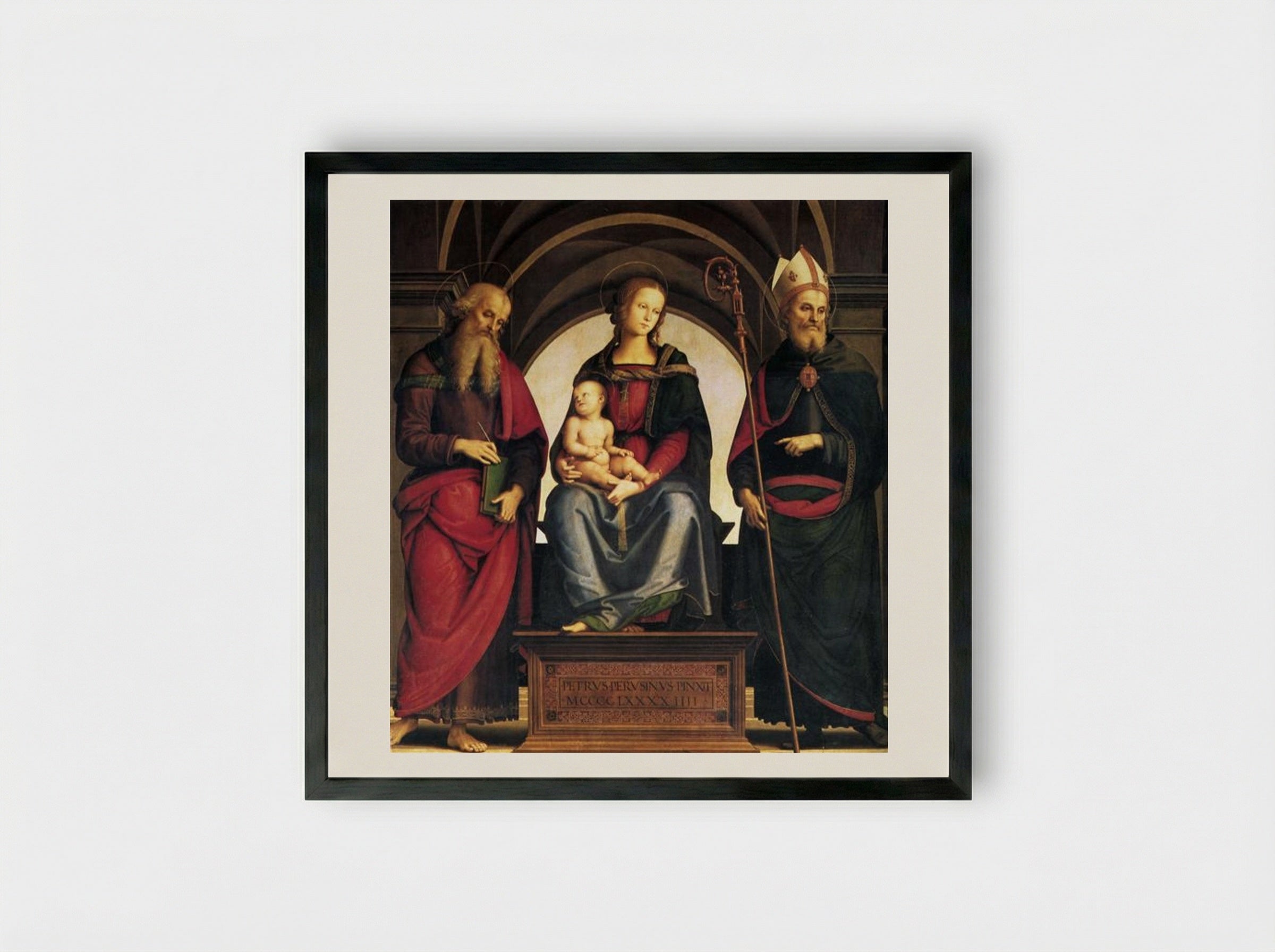 Madonna and Child with Saints John the Evangelist and Augustine - Pietro Perugino - Framed Print Black
