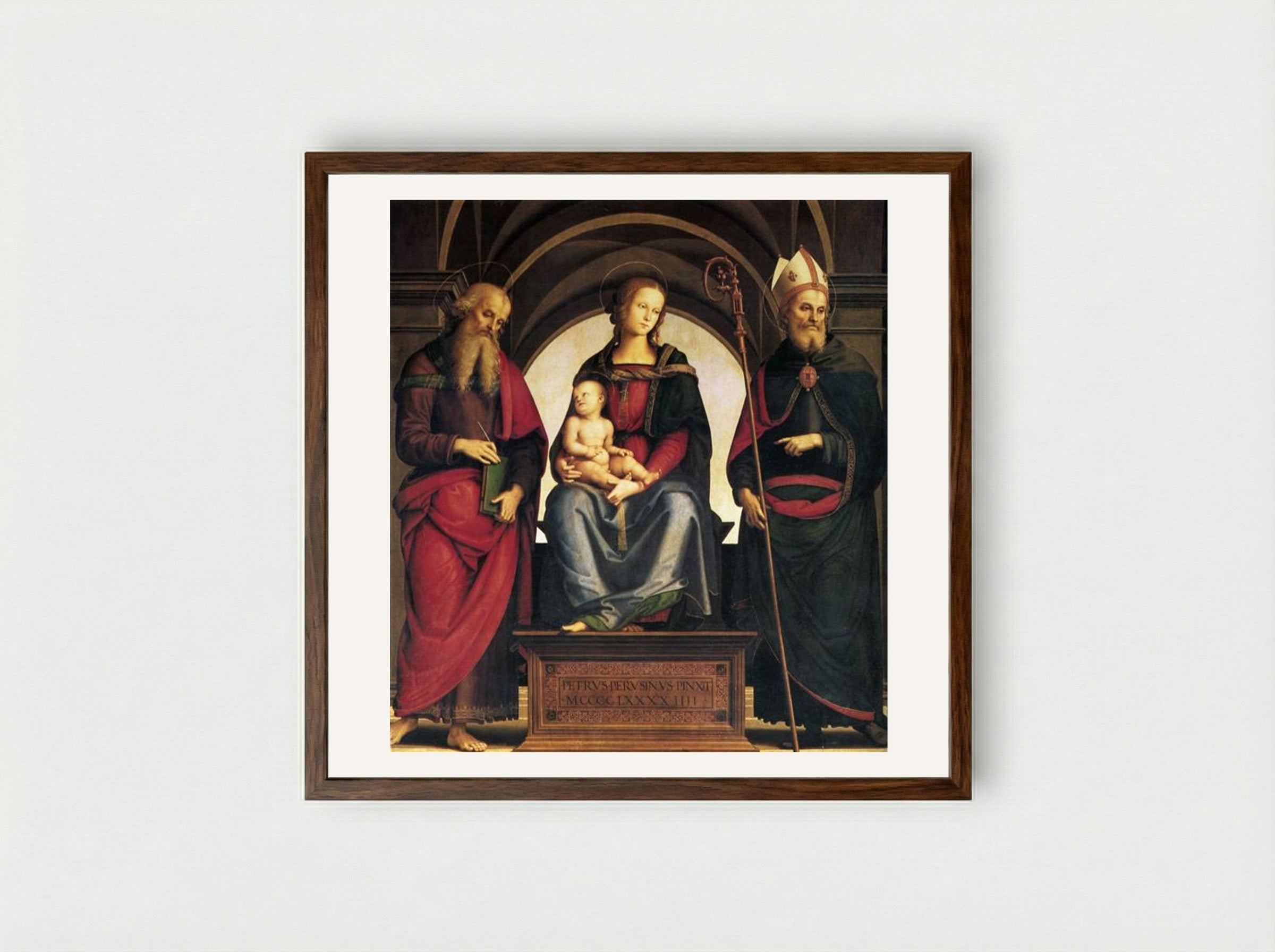 Madonna and Child with Saints John the Evangelist and Augustine - Pietro Perugino - Framed Print Dark Wood