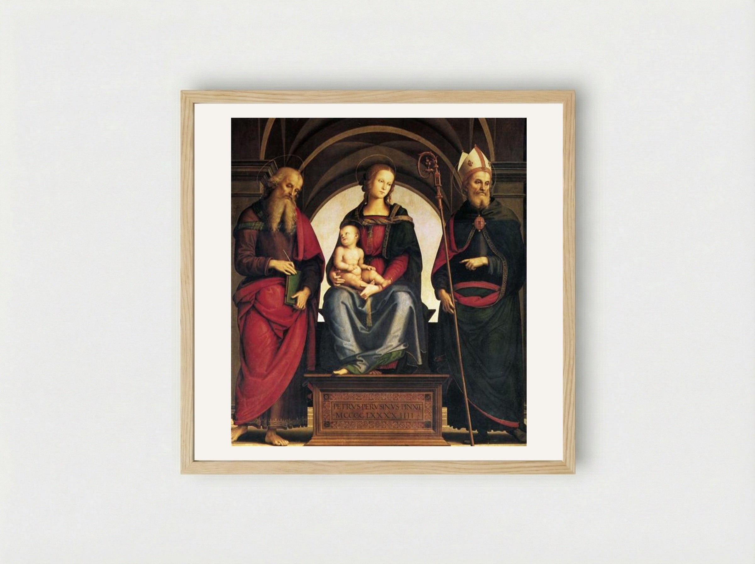 Madonna and Child with Saints John the Evangelist and Augustine - Pietro Perugino - Framed Print Wood