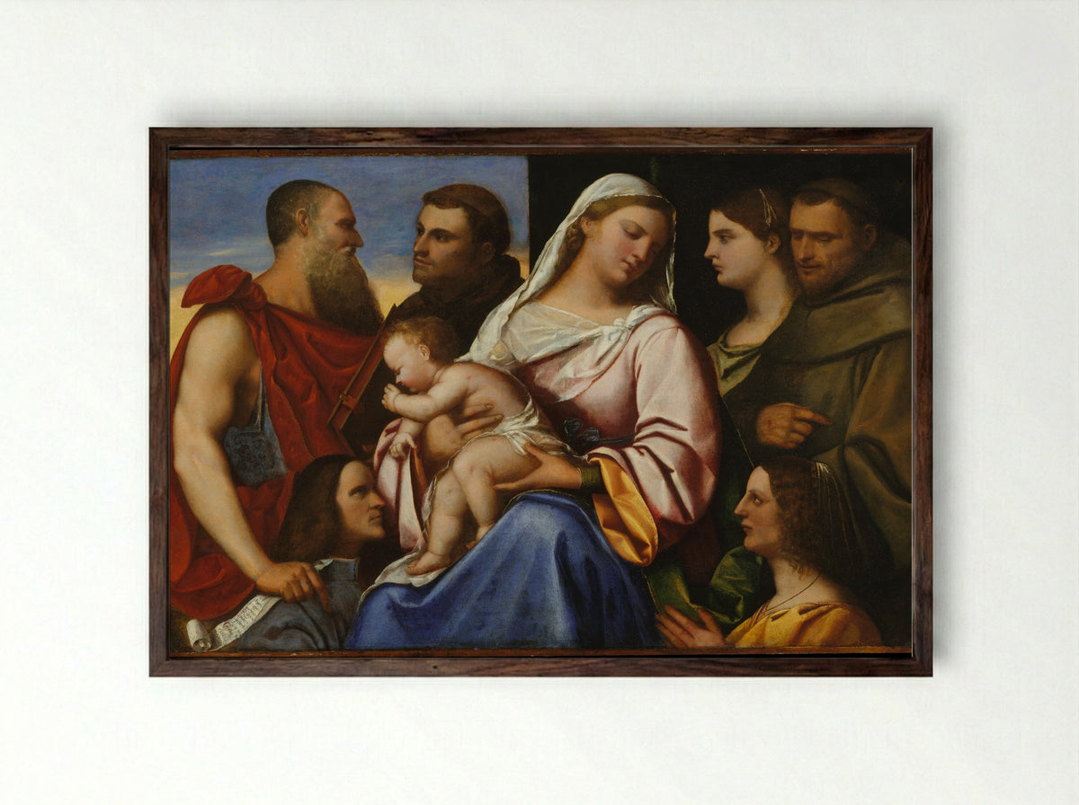 Madonna and Child with Saints and Donors - Sebastiano del Piombo - Framed Print Dark Wood