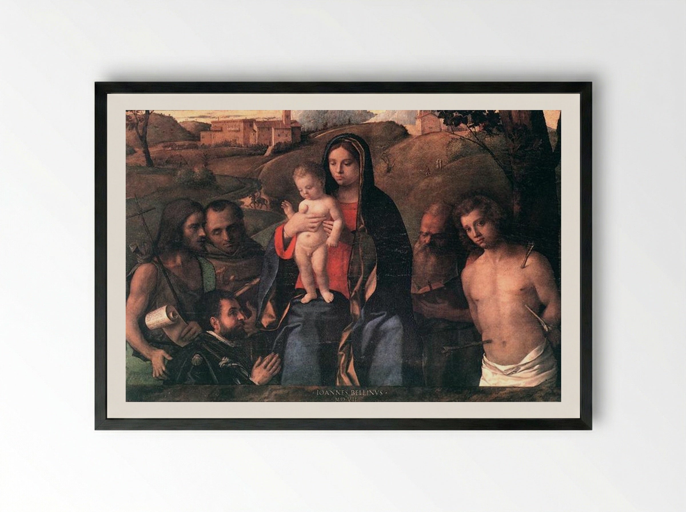 Madonna and Child with Saints and a Donor - Giovanni Bellini - Framed Print Black