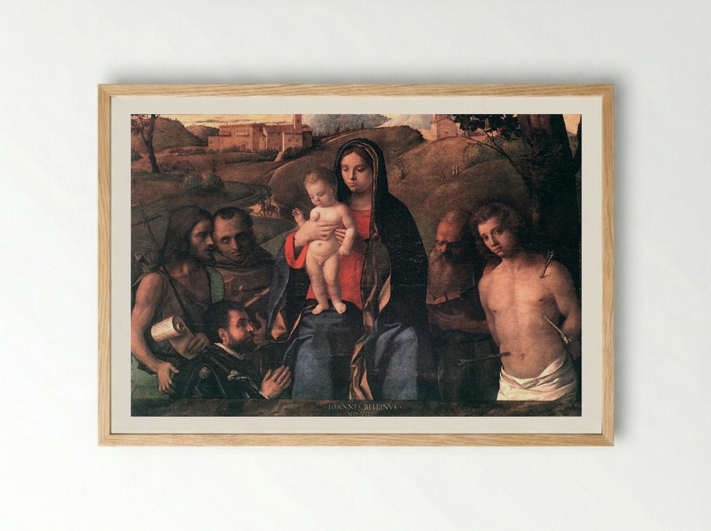 Madonna and Child with Saints and a Donor - Giovanni Bellini - Framed Print Wood