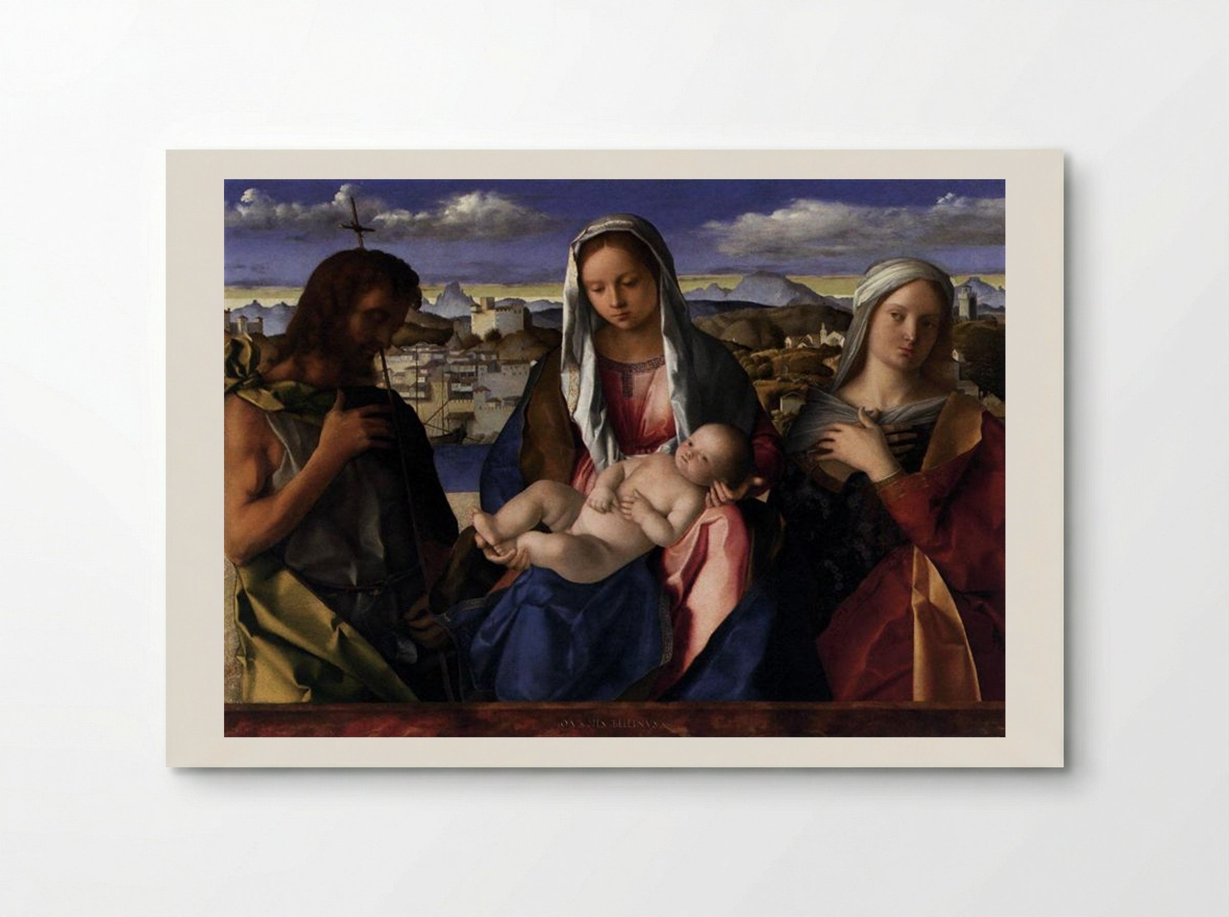 Madonna and Child with St John the Baptist and a Saint, detail of the background waterside city - Giovanni Bellini - Poster