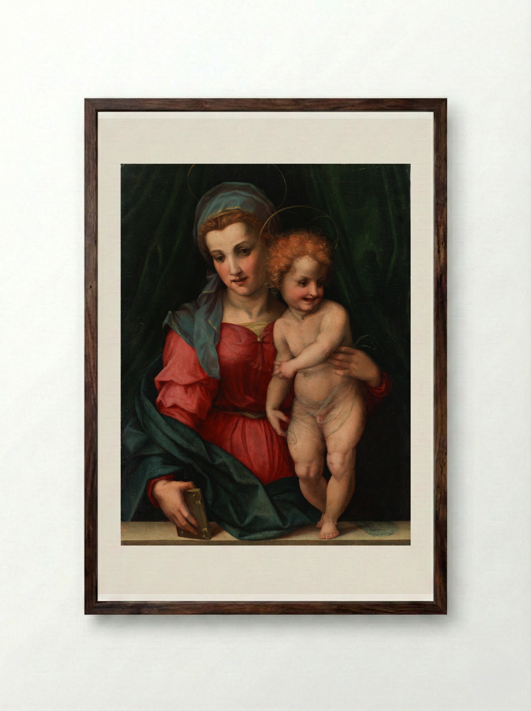 Madonna and Child with St. Elisabeth, the Infant St. John, and Two Angels - Andrea del Sarto - Framed Print Dark Wood
