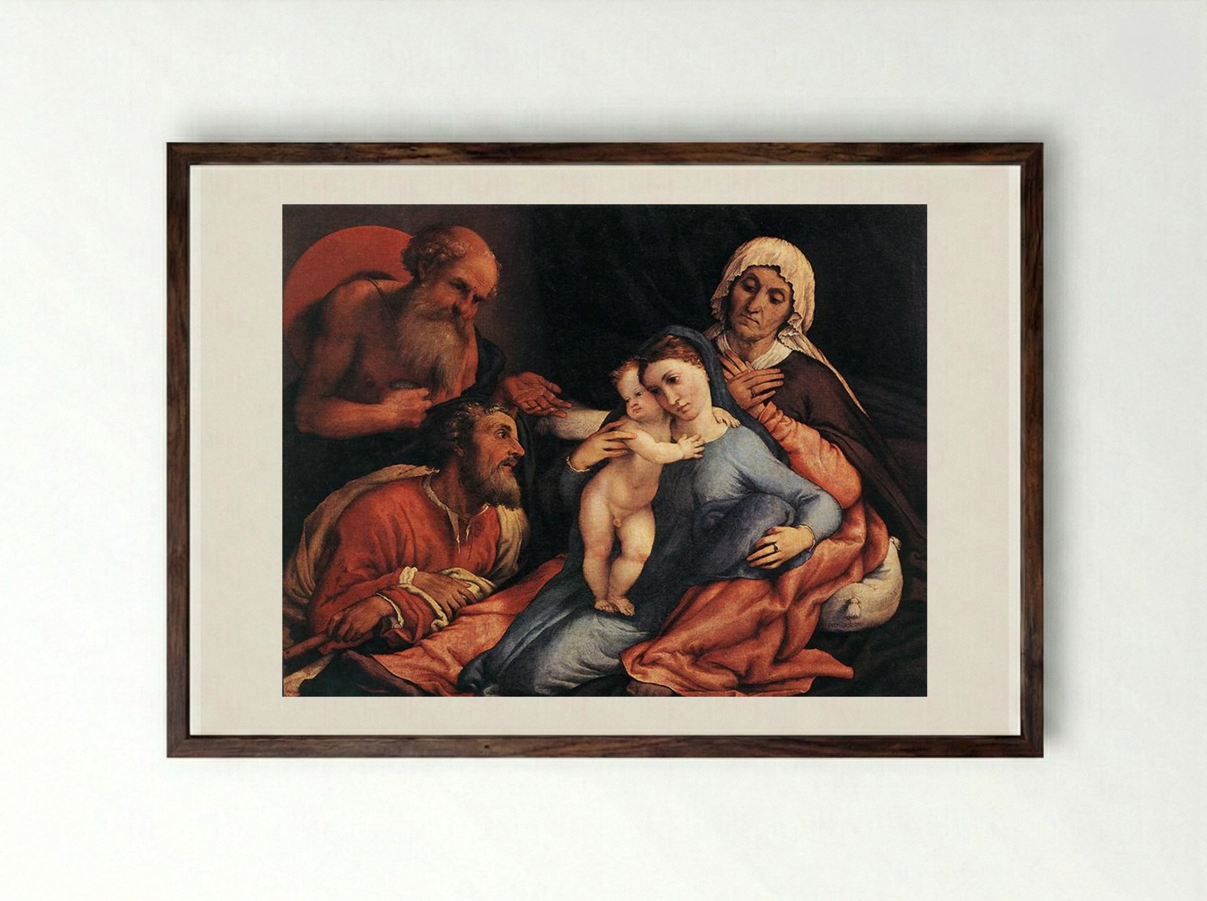 Madonna and Child with St. Jerome, St. Joseph and St. Anne - Lorenzo Lotto - Framed Print Dark Wood