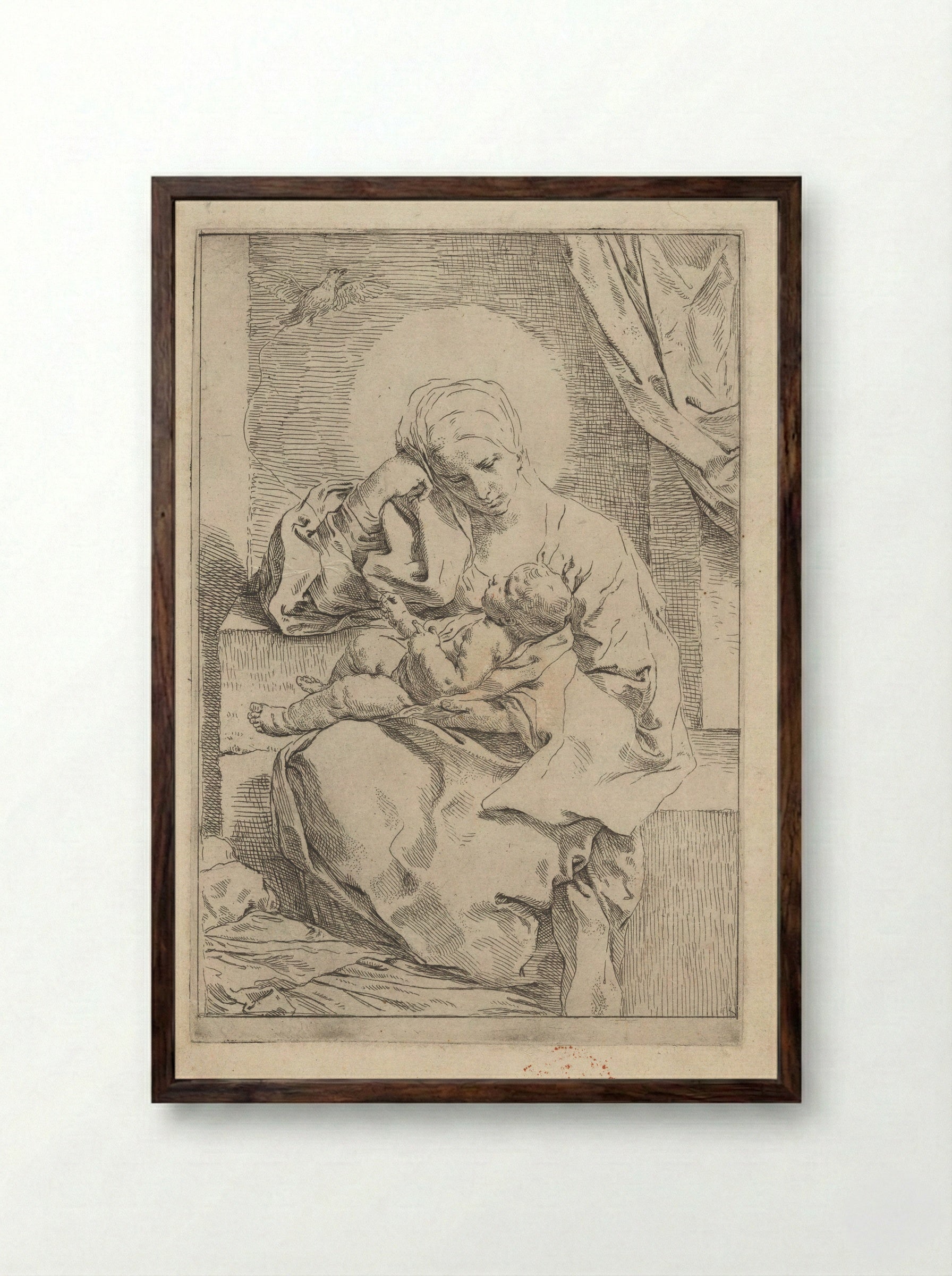 Madonna and Child with a Bird - Simone Cantarini - Framed Print Dark Wood