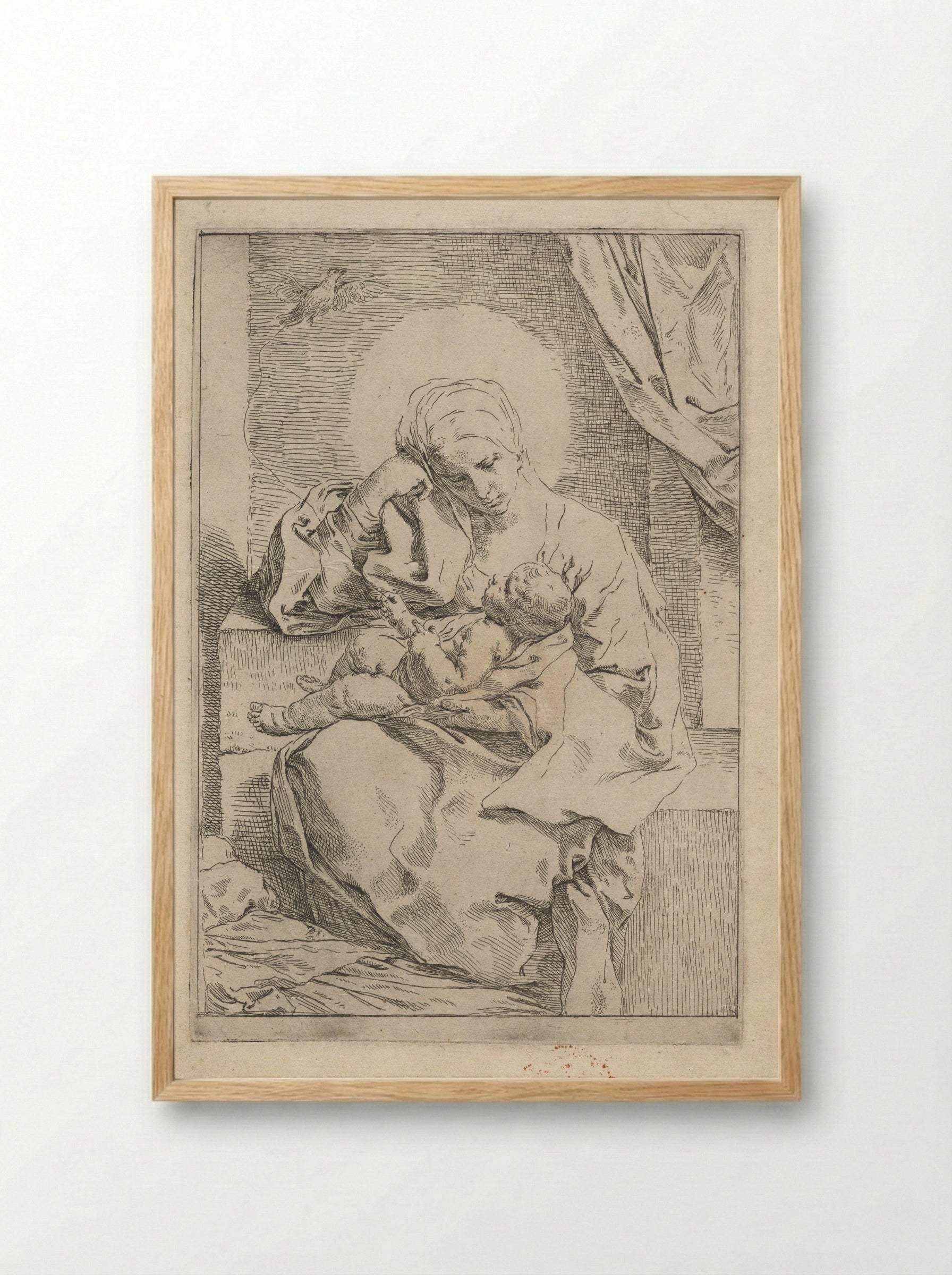 Madonna and Child with a Bird - Simone Cantarini - Framed Print Wood