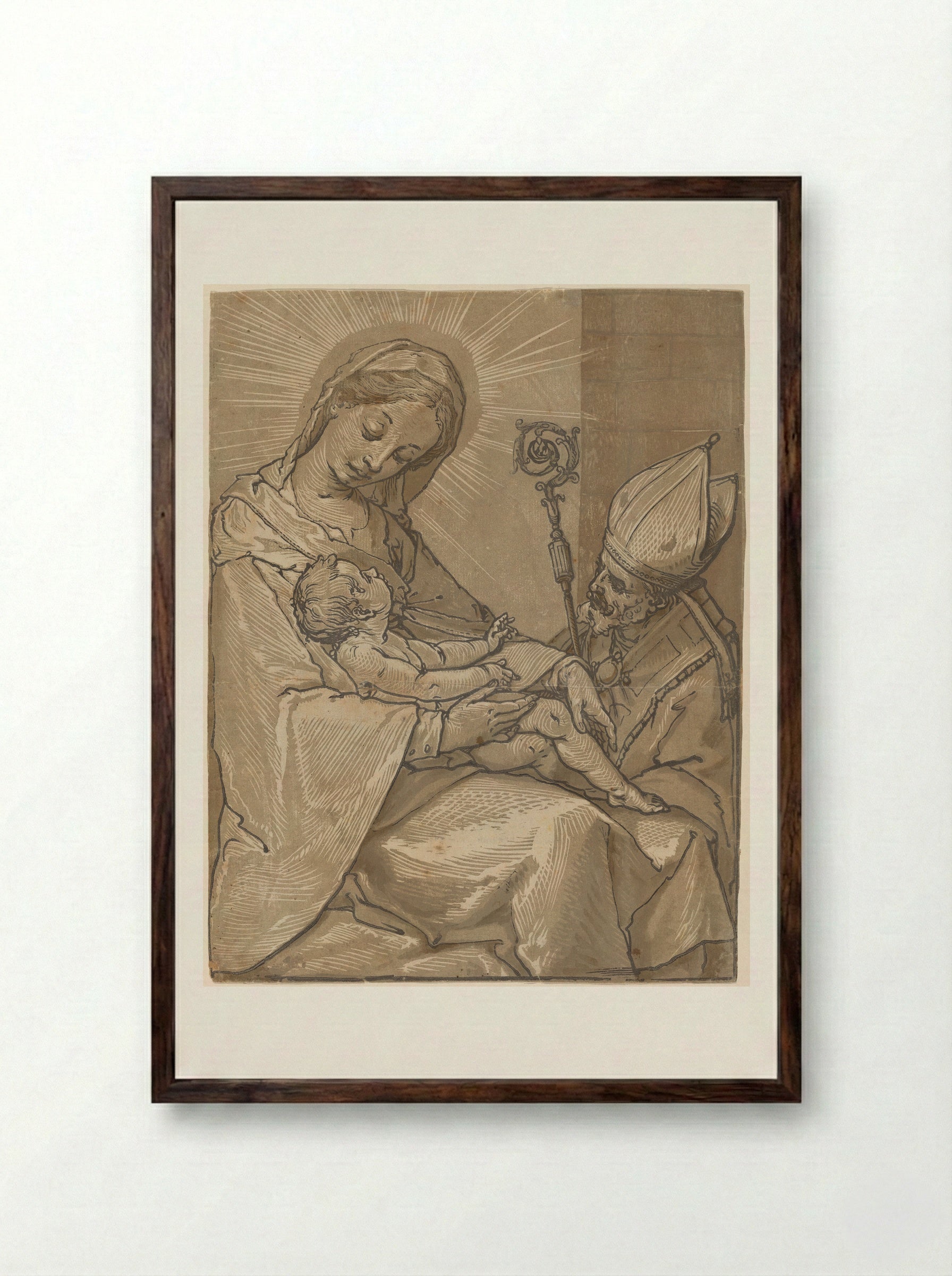 Madonna and Child with a Bishop - Andrea Andreani - Framed Print Dark Wood