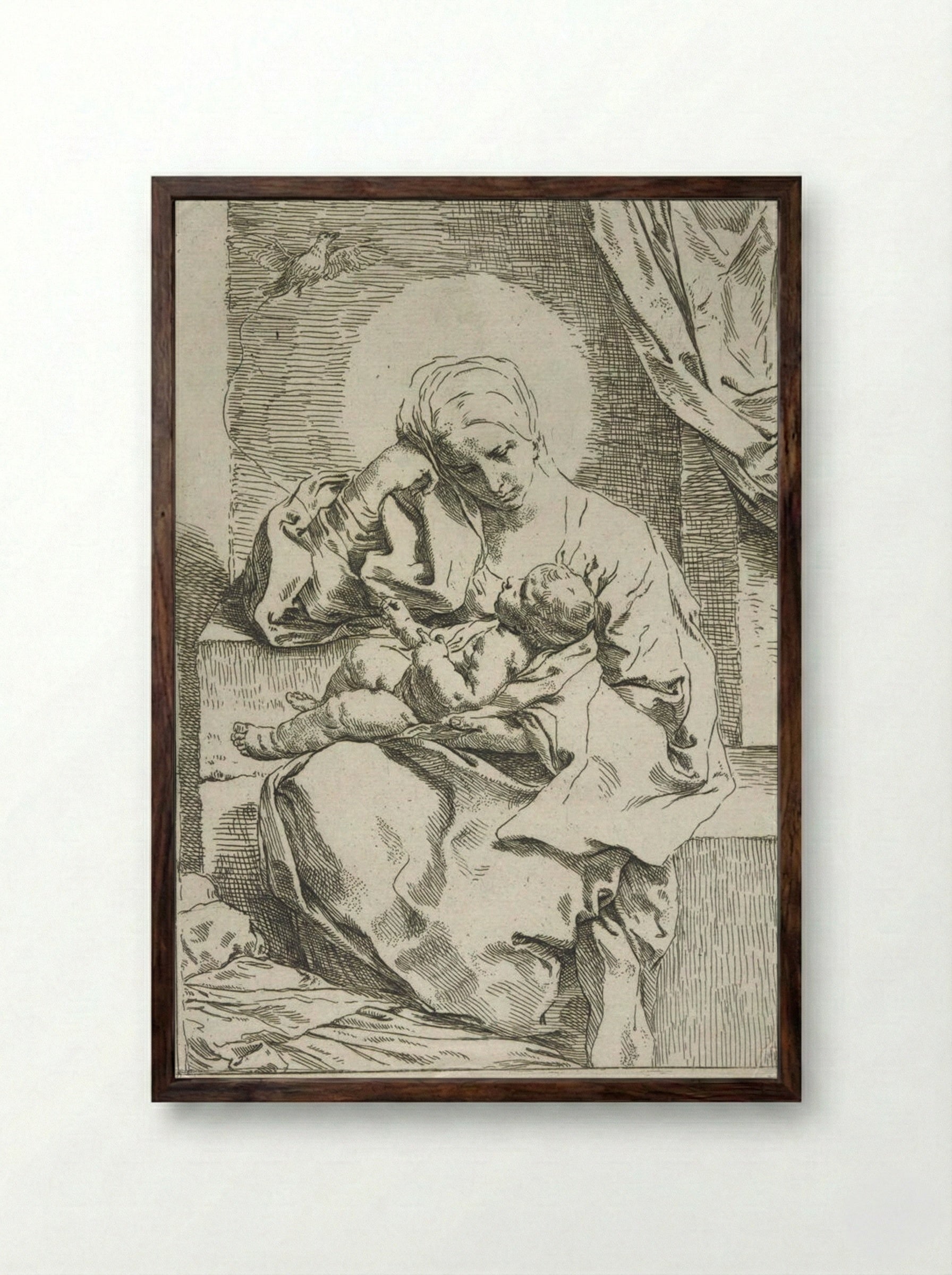 Madonna and Child with a Dove - Simone Cantarini - Framed Print Dark Wood