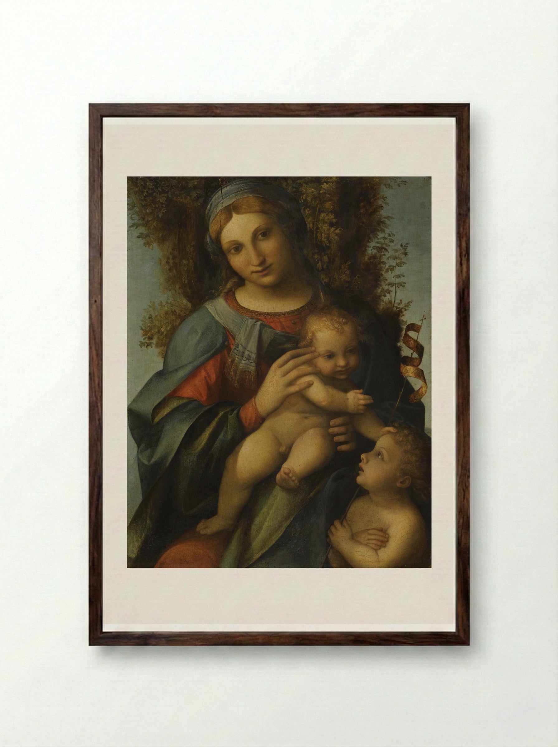 Madonna and Child with the Infant Saint John the Baptist - Antonio da Correggio - Framed Print Dark Wood