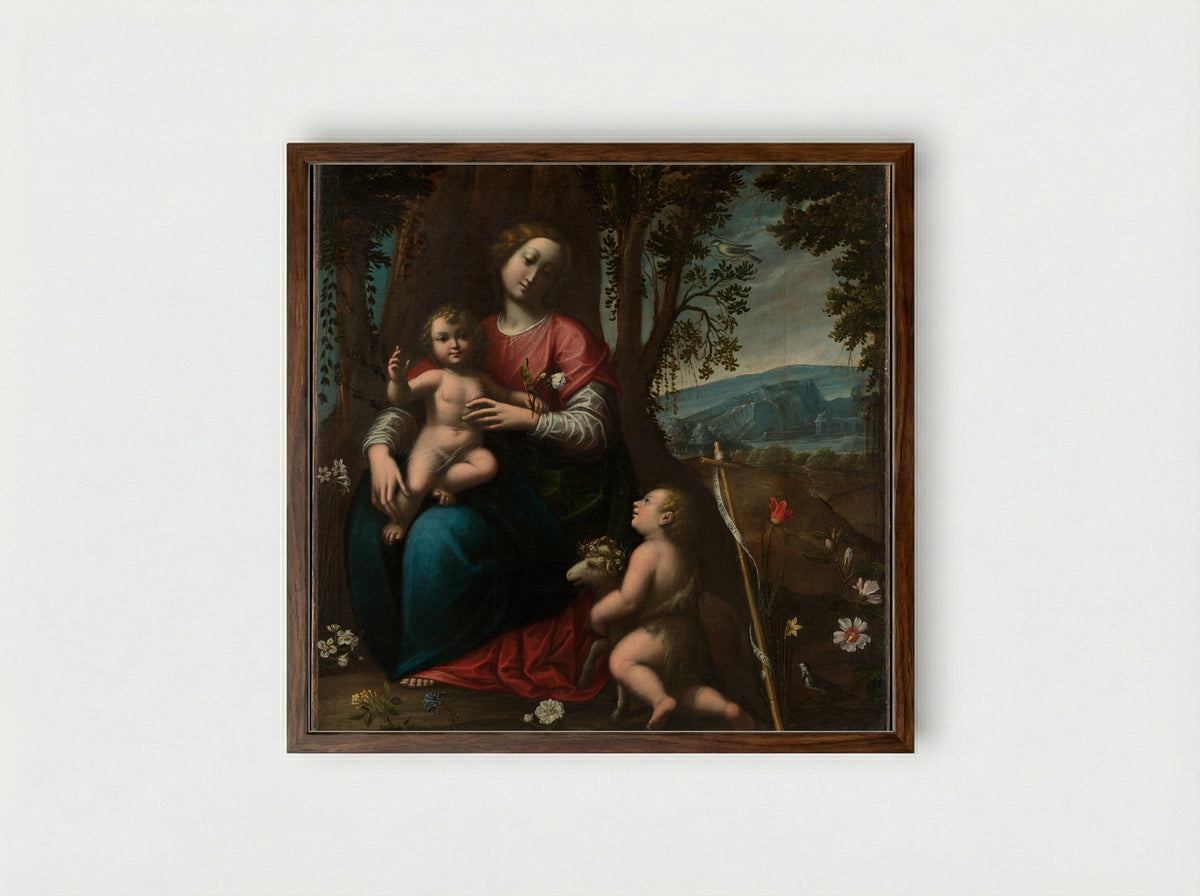 Madonna and Child with the Infant Saint John the Baptist - Orsola Maddalena Caccia - Framed Print Dark Wood