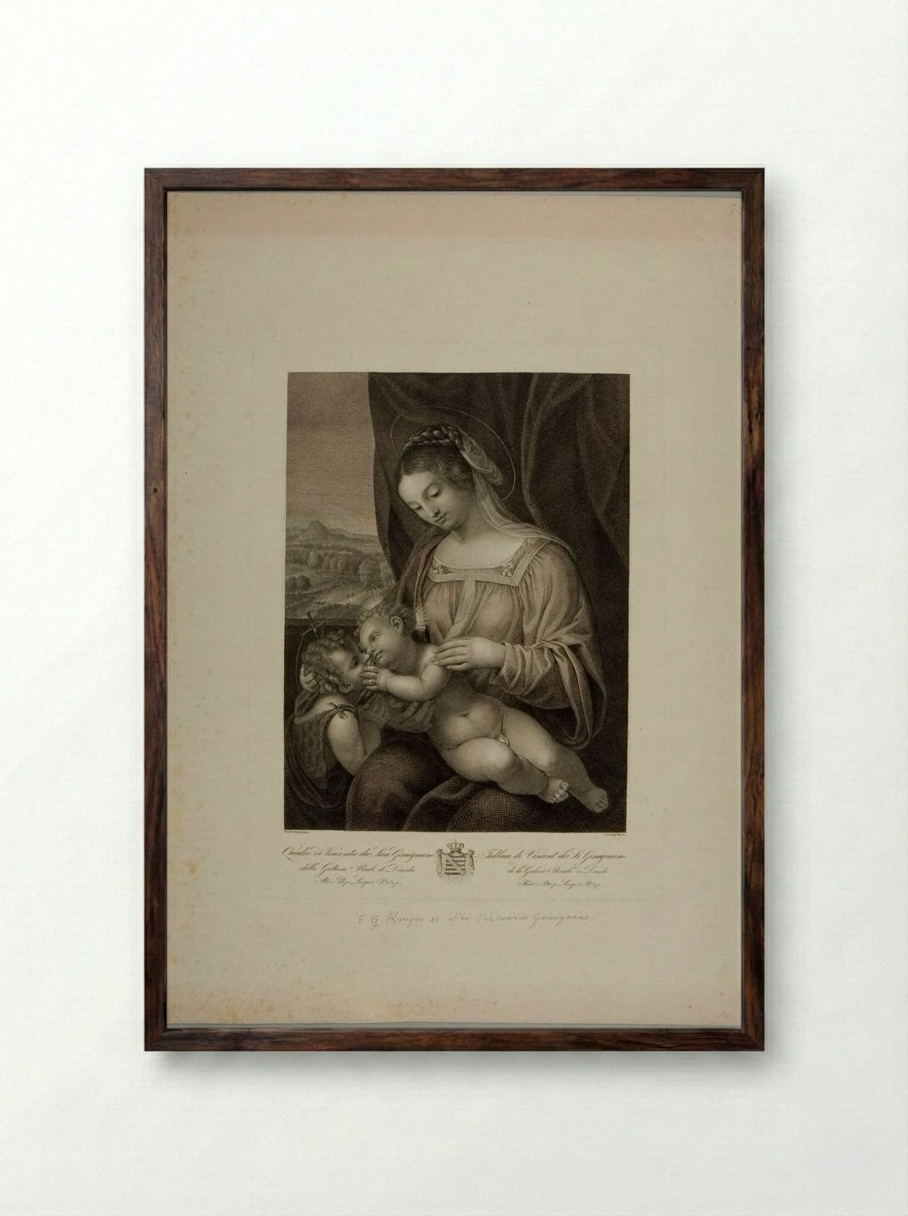 Madonna and Child with the Infant Saint John - Ephraim Gottlieb Krüger - Framed Print Dark Wood