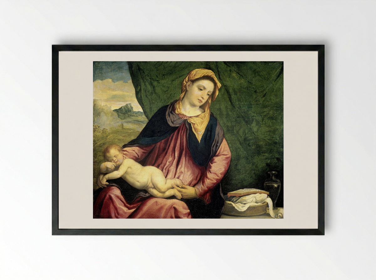 Madonna and Child with the Sleeping Infant - Paris Bordone - Framed Print Black