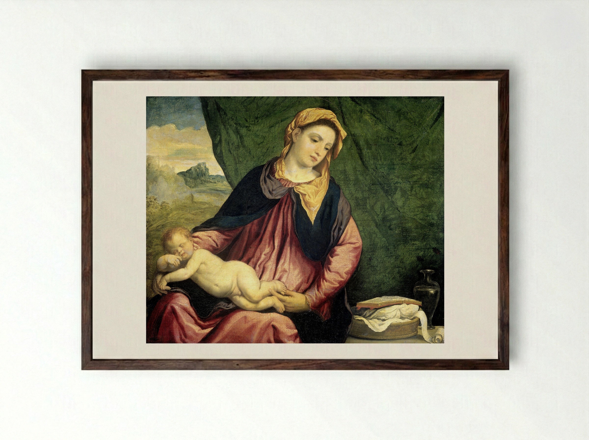 Madonna and Child with the Sleeping Infant - Paris Bordone - Framed Print Dark Wood