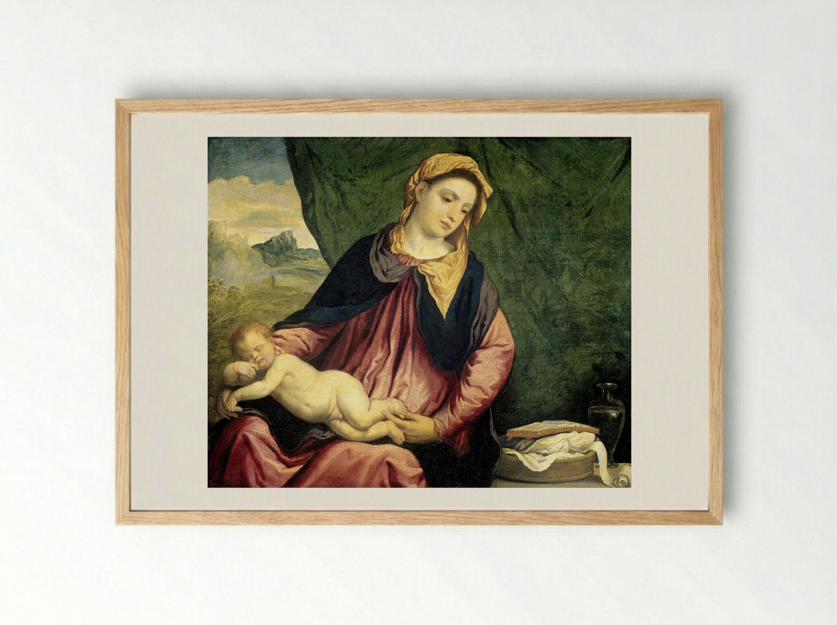Madonna and Child with the Sleeping Infant - Paris Bordone - Framed Print Wood