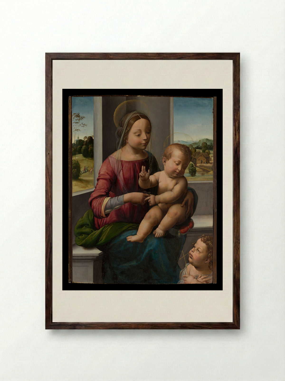Madonna and Child with the Young Saint John the Baptist - Fra Bartolomeo - Framed Print Dark Wood