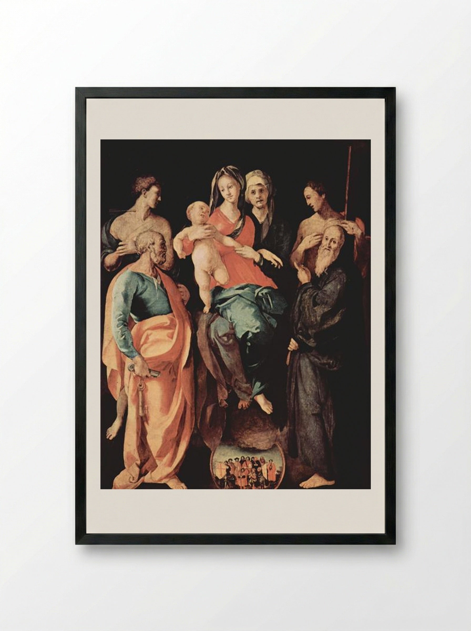 Madonna with St. Anne, St. Sebastian, St. Peter, St. Benedict and St. Filippus - Jacopo Pontormo - Framed Print Black