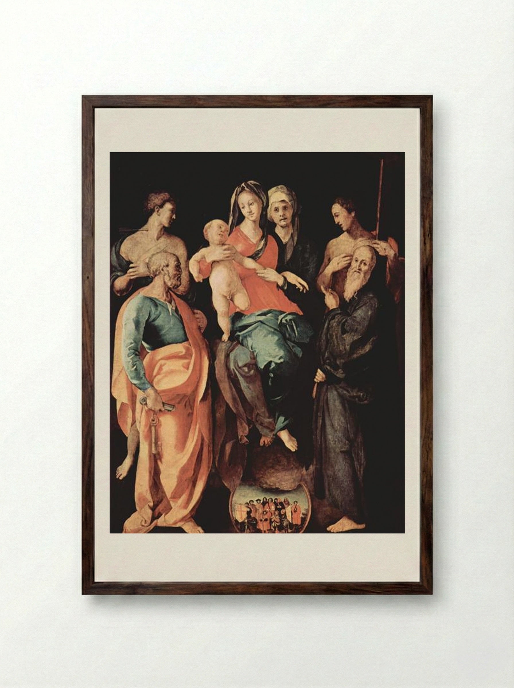 Madonna with St. Anne, St. Sebastian, St. Peter, St. Benedict and St. Filippus - Jacopo Pontormo - Framed Print Dark Wood