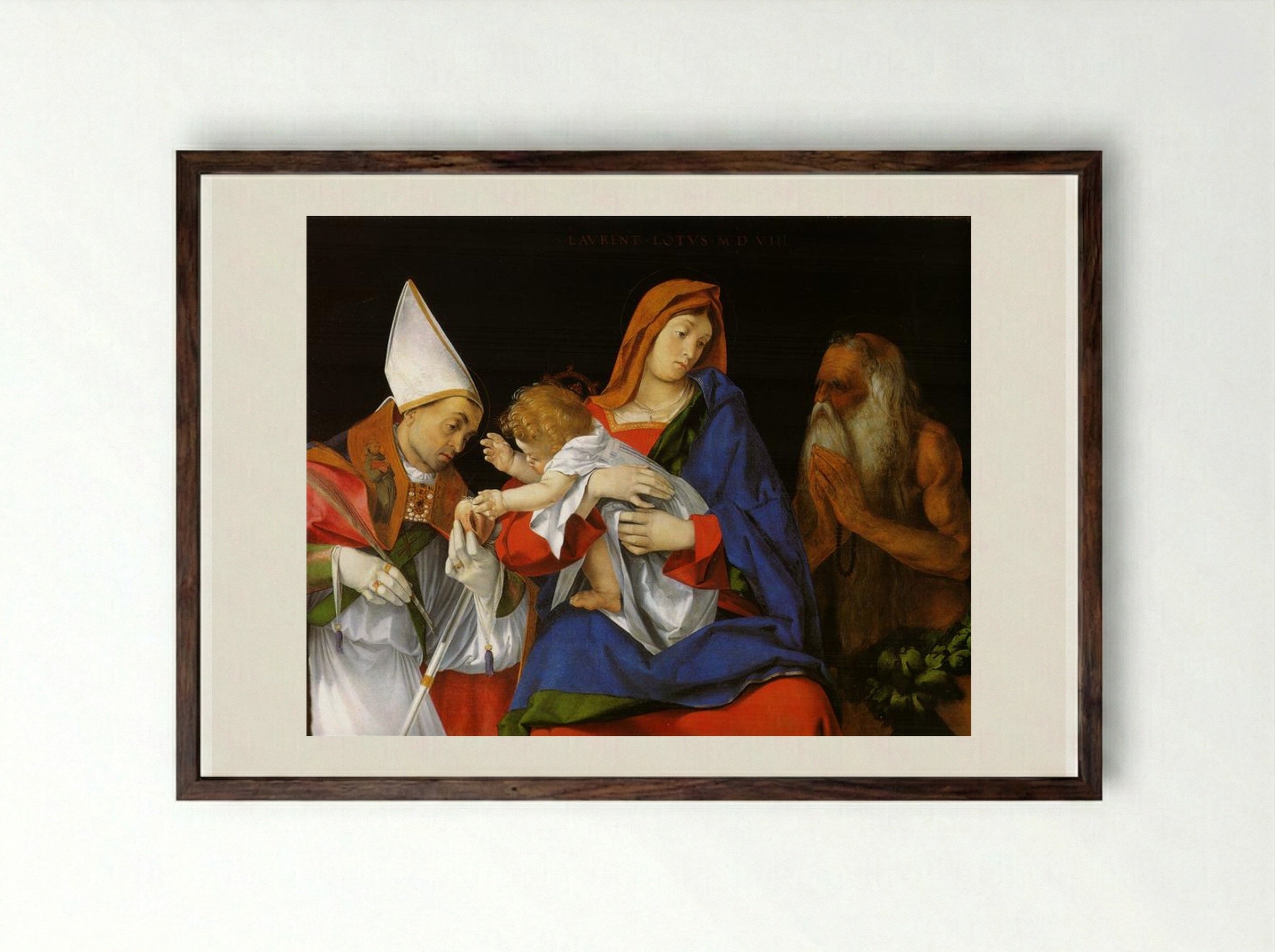 Madonna with a Bishop and St. Onuphrius - Lorenzo Lotto - Framed Print Dark Wood