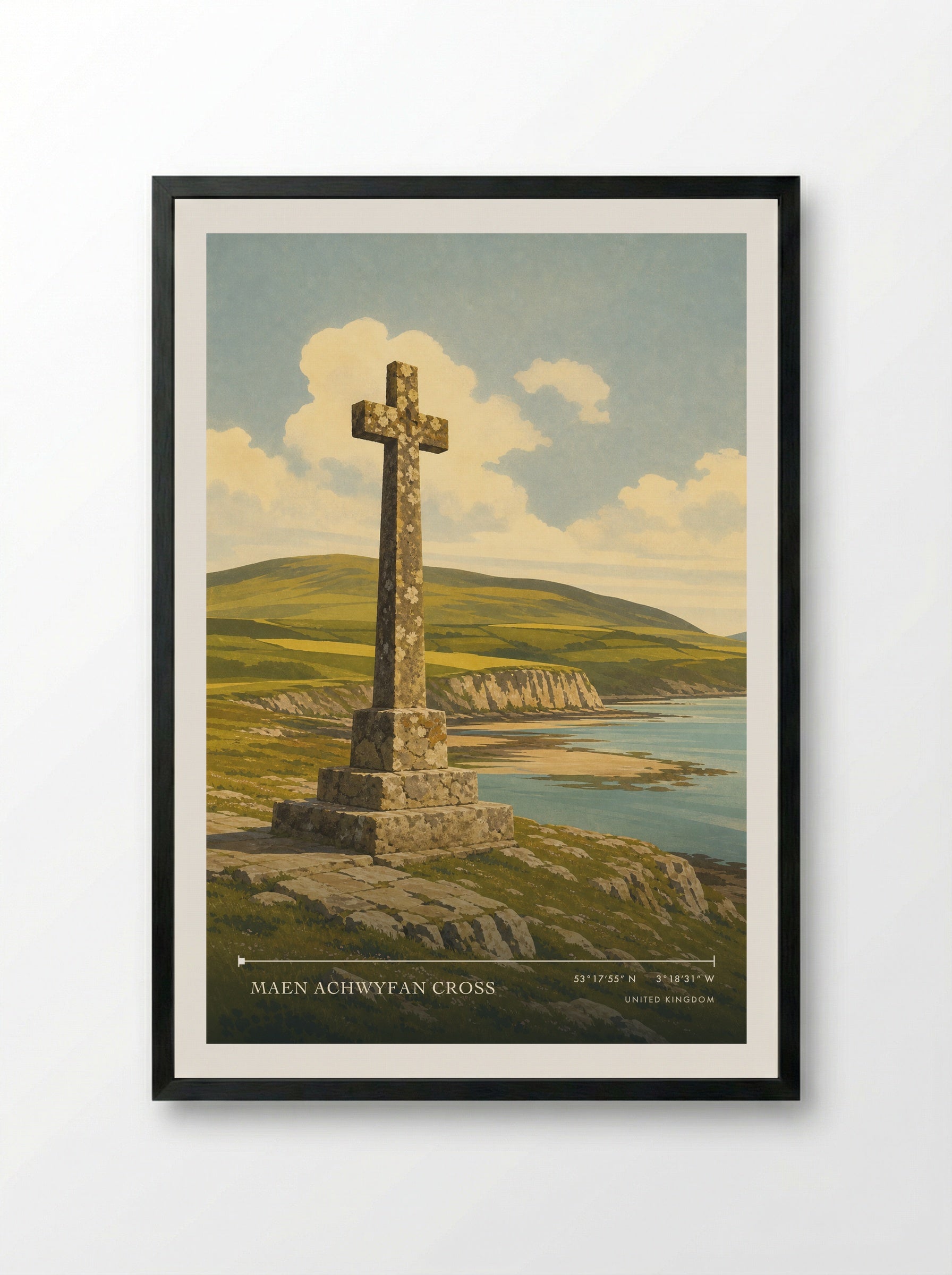 Maen Achwyfan Cross United Kingdom Travel Poster - Framed Print Black