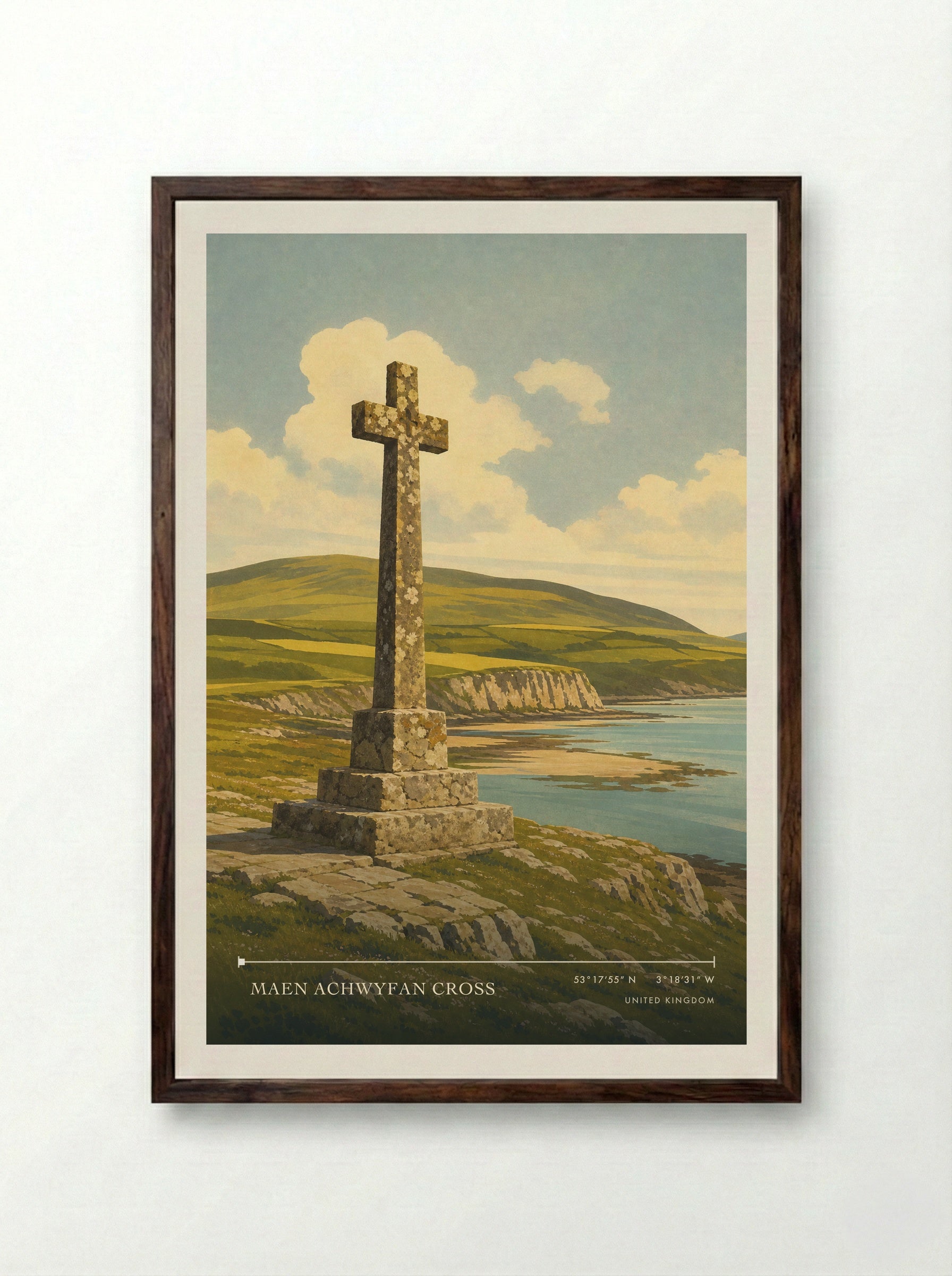 Maen Achwyfan Cross United Kingdom Travel Poster - Framed Print Dark Wood