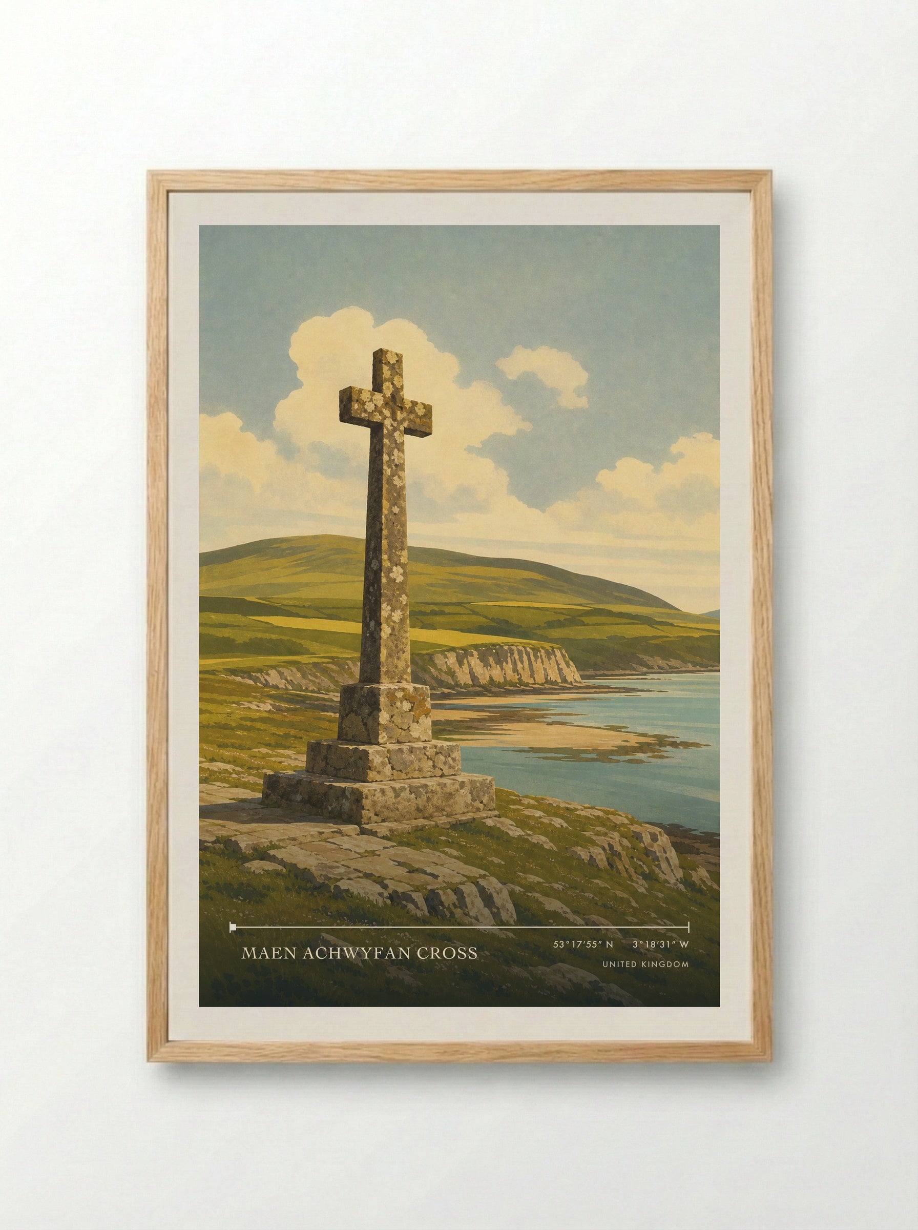 Maen Achwyfan Cross United Kingdom Travel Poster - Framed Print Wood