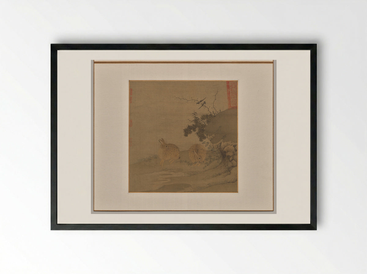 Magpies and Wild Rabbits - Li Yong - Framed Print Black