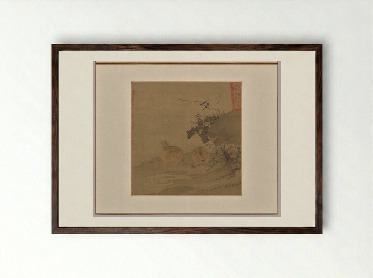 Magpies and Wild Rabbits - Li Yong - Framed Print Dark Wood
