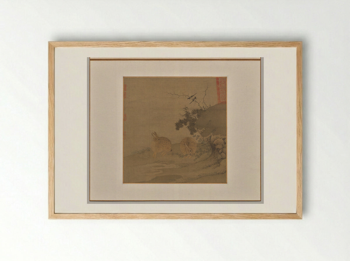 Magpies and Wild Rabbits - Li Yong - Framed Print Wood