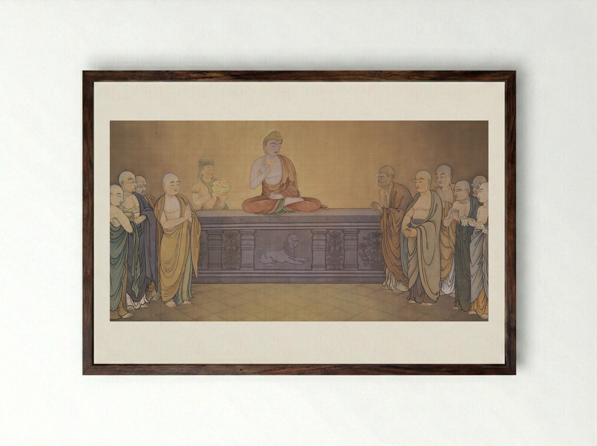 Mahakasyapa Smiling at the Lotus Flower - Hishida Shunso - Framed Print Dark Wood