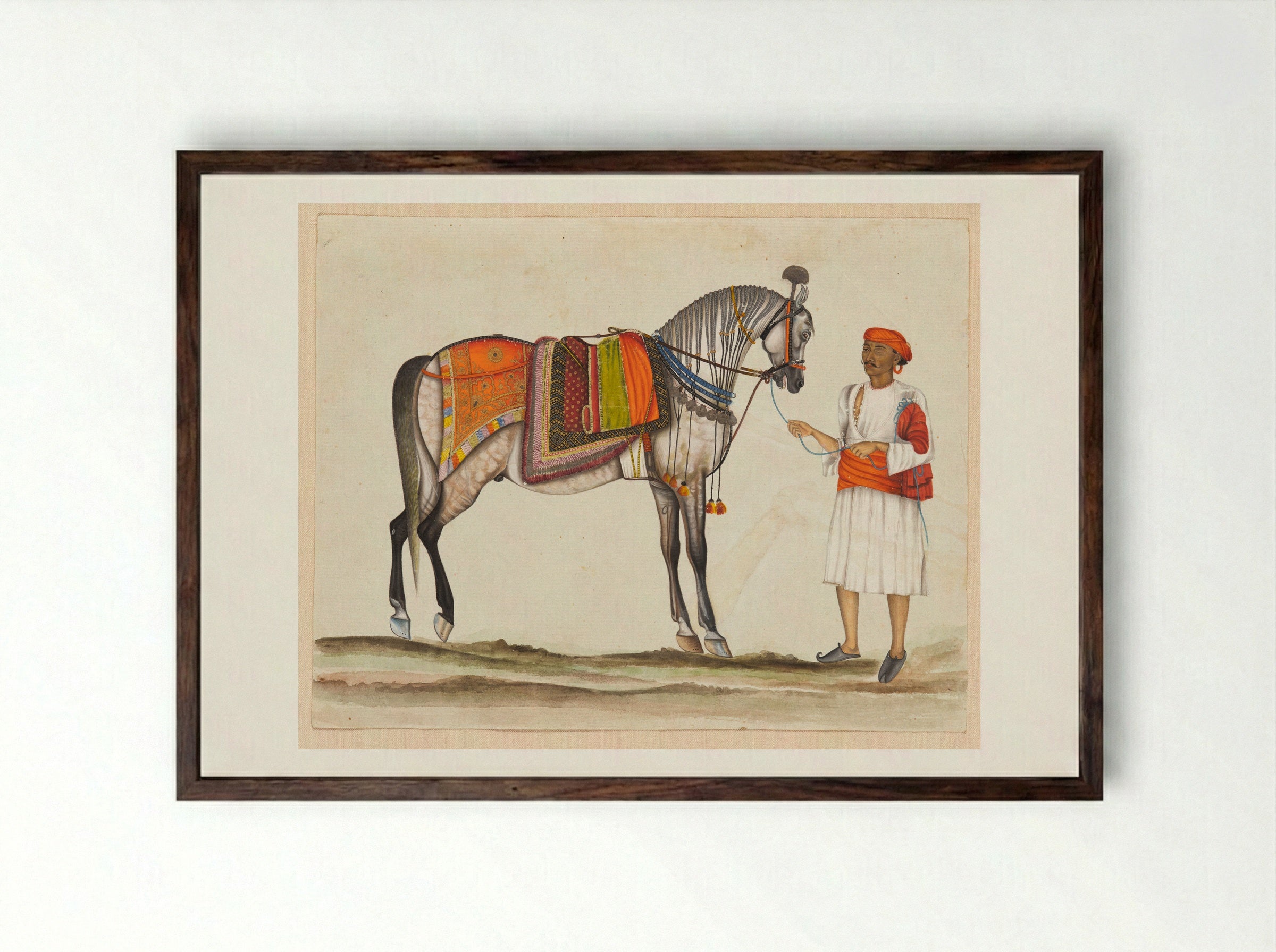 Maharaja Ranjit Singh's Horse with a One-Eyed Groom - Unknown Artist - Framed Print Dark Wood