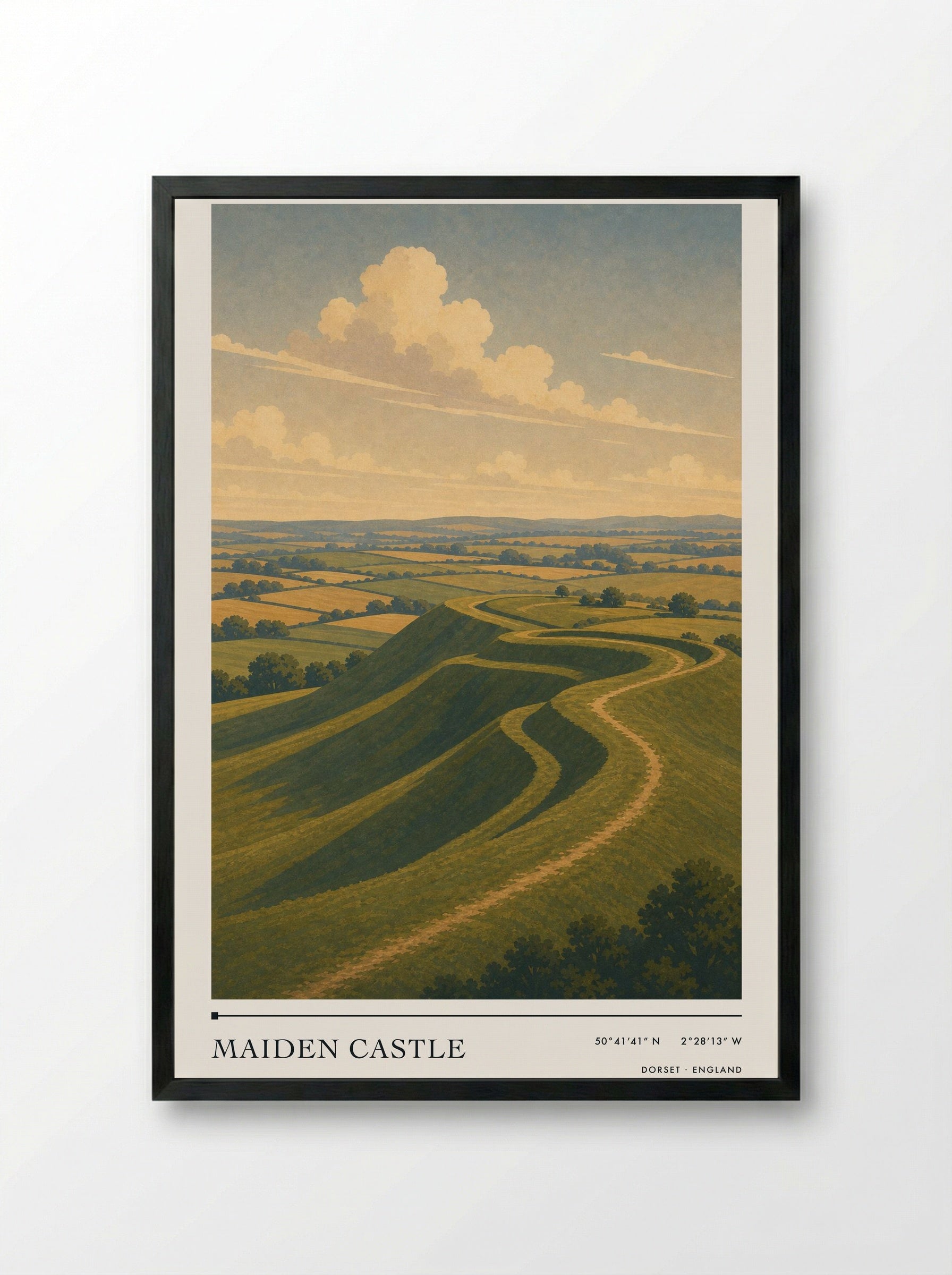 Maiden Castle Dorset England Travel Poster - Framed Print Black