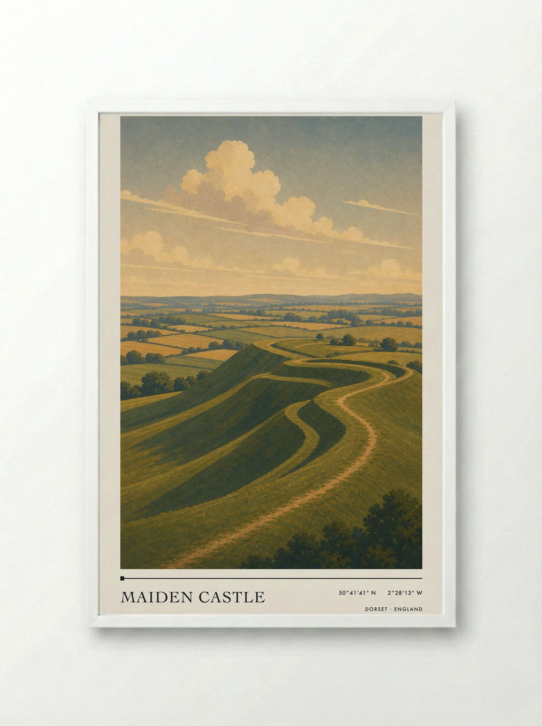 Maiden Castle Dorset England Travel Poster - Framed Print White