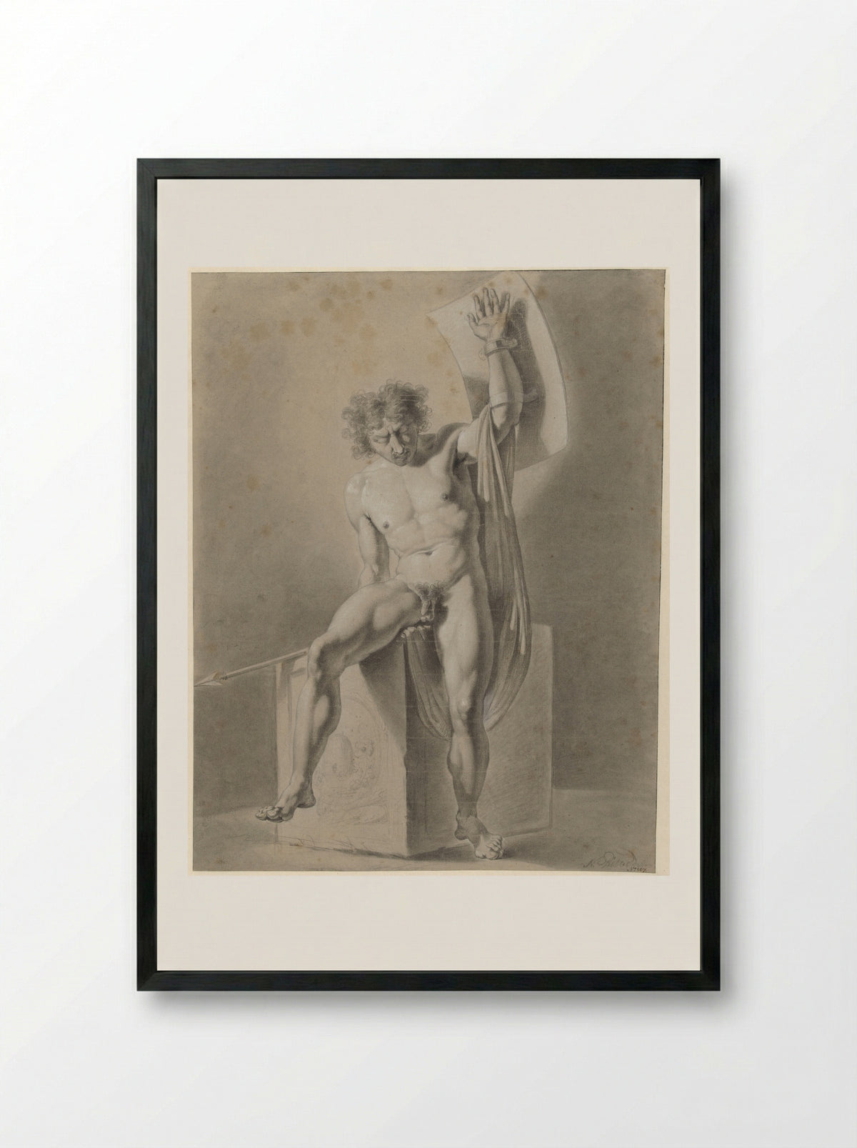 Male Nude Seated on a Block with Spear and Shield - George Nikolaus Ritter - Framed Print Black