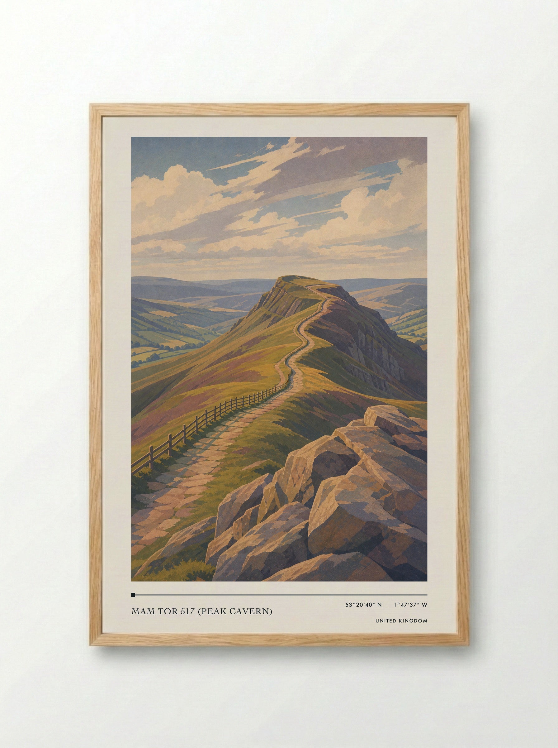 Mam Tor 517 (Peak Cavern) United Kingdom Travel Poster - Framed Print Wood