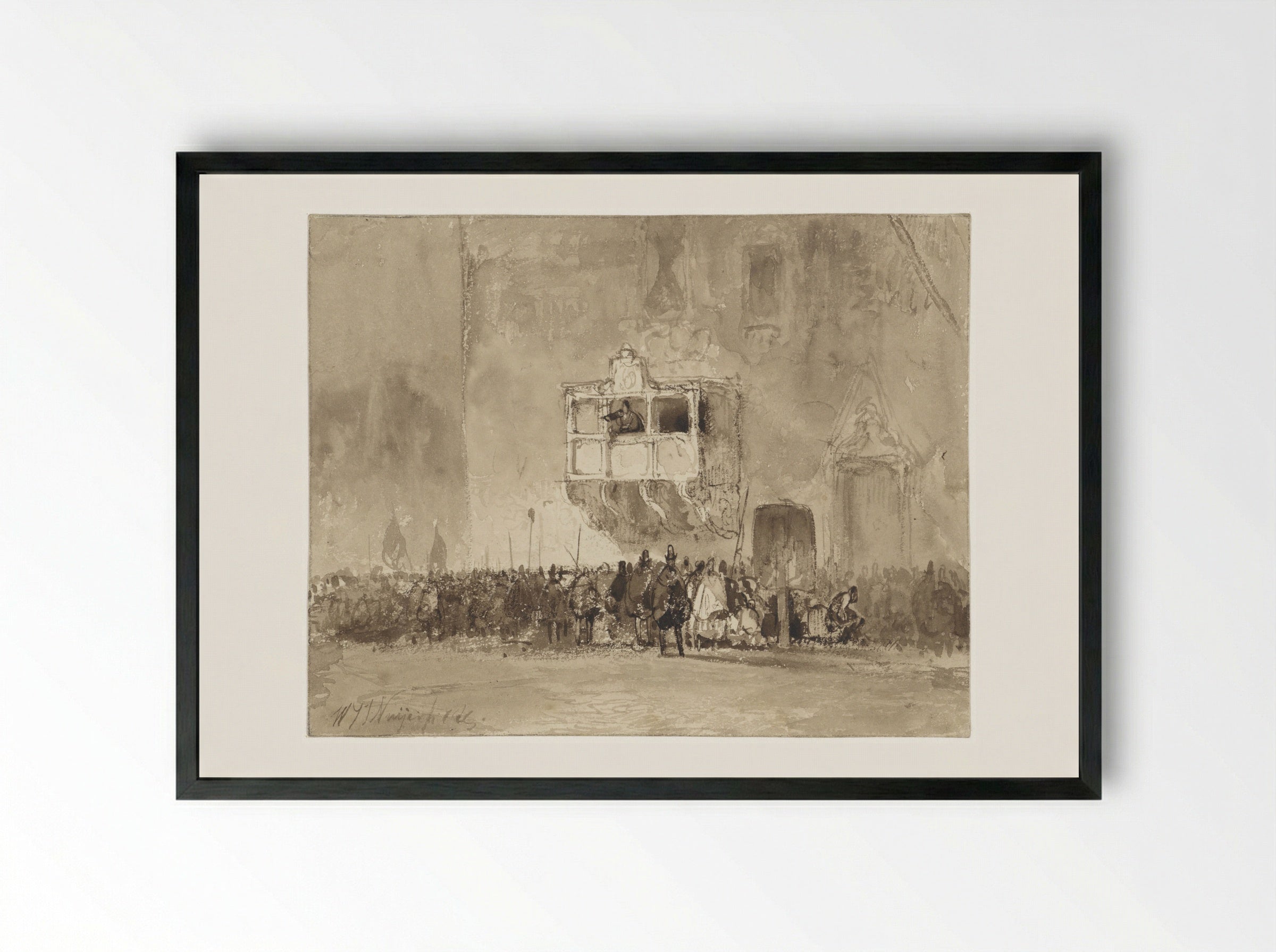 Man Addressing a Crowd from a Balcony - Wijnand Nuijen - Framed Print Black