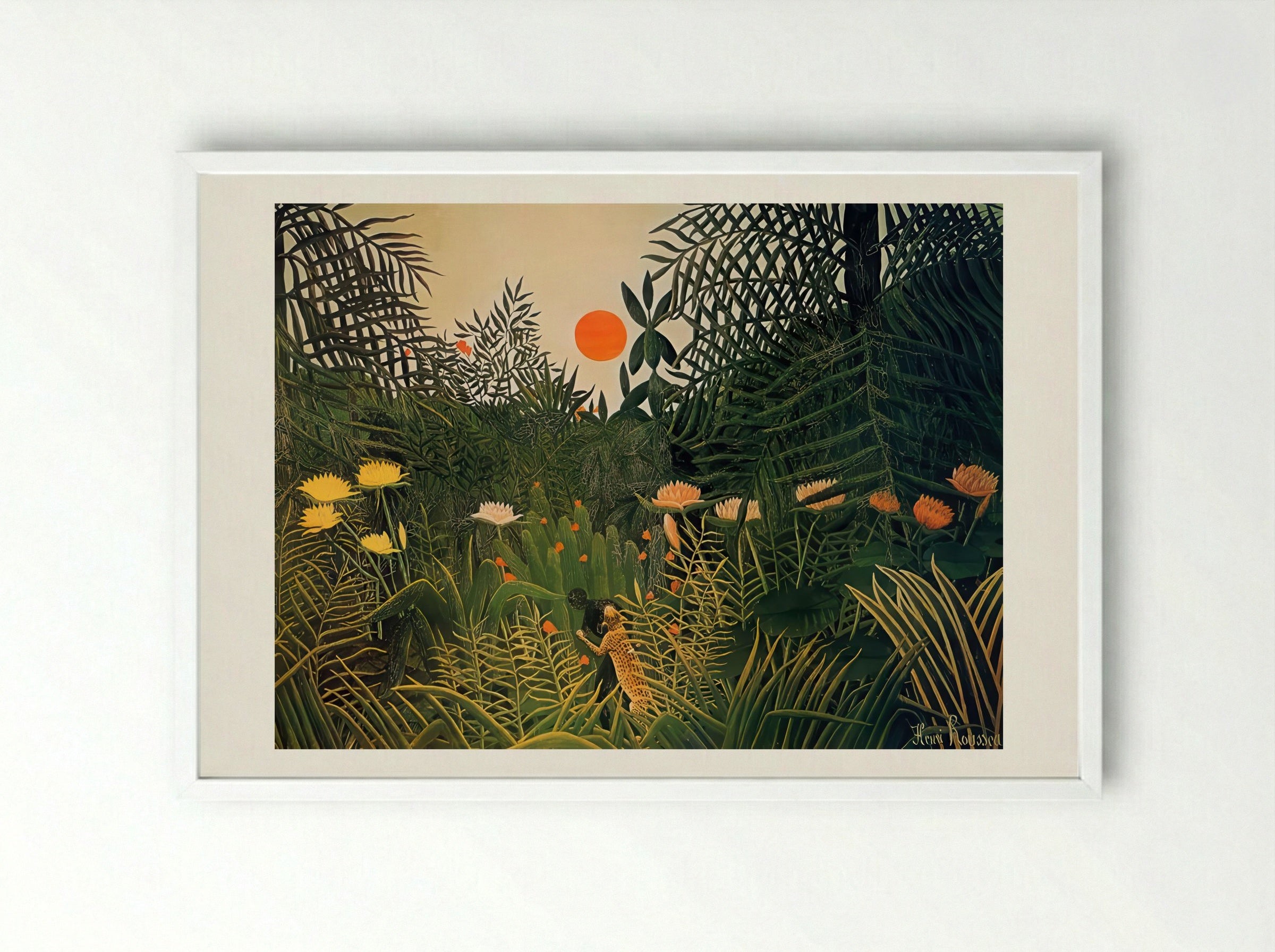 Man Attacked by a Jaguar by Henri Rousseau – Naïve Art Jungle Drama Print - Framed Print White