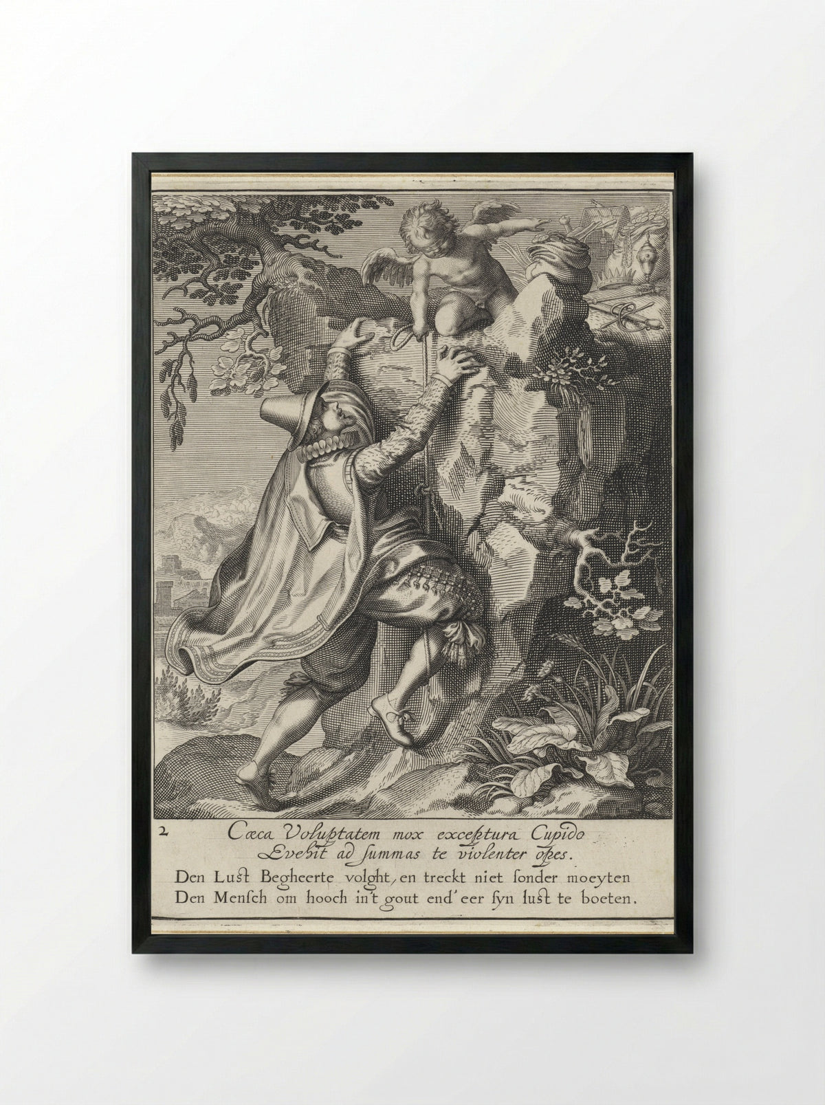 Man Climbing a Rock with a Blindfolded Cupid - Willem Isaacsz. van Swanenburg - Framed Print Black
