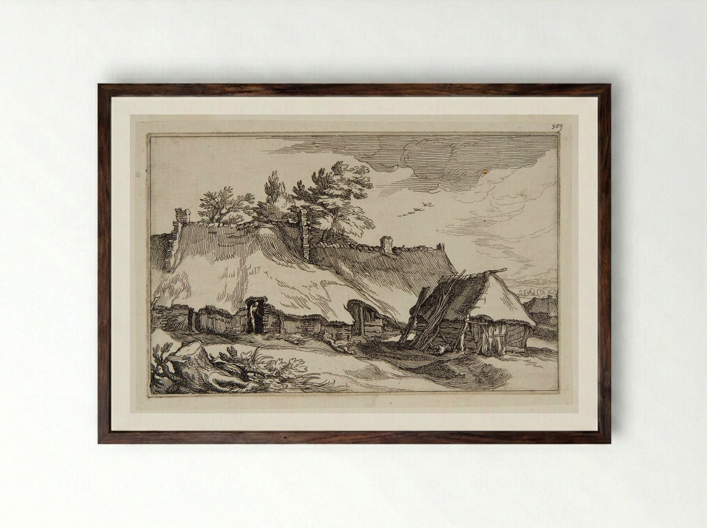 Man Exiting a Farmhouse - Boetius Adamsz. Bolswert - Framed Print Dark Wood