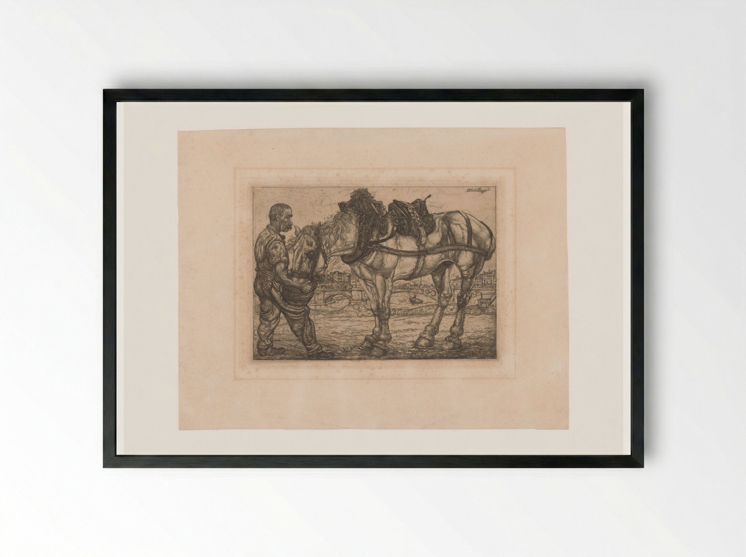 Man Feeding a Horse from a Bucket - Pieter Dupont - Framed Print Black