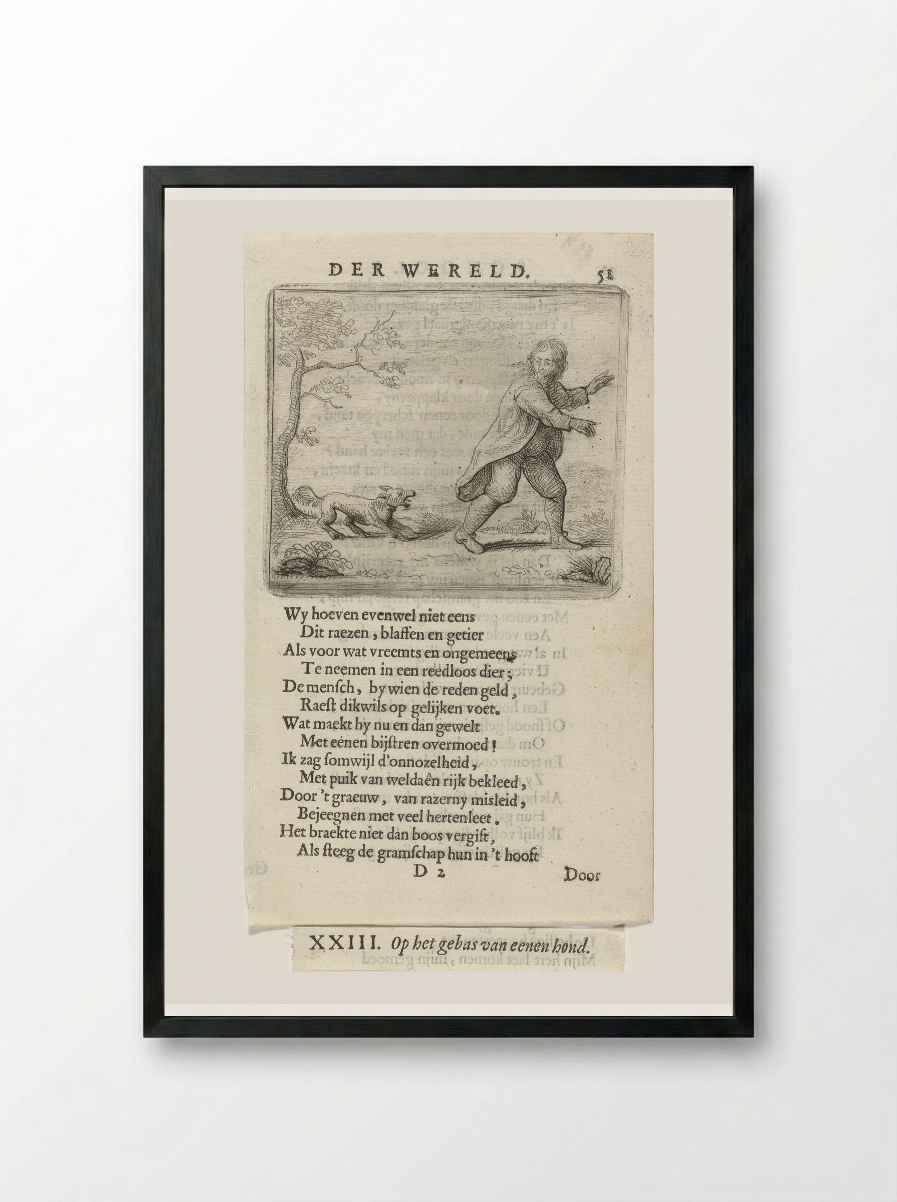 Man Fleeing from a Barking Dog - Arnold Houbraken - Framed Print Black