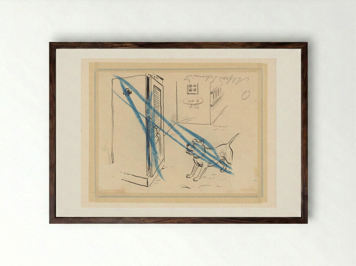 Man Hiding from a Dog in a Cupboard - Alfred Schmidt - Framed Print Dark Wood