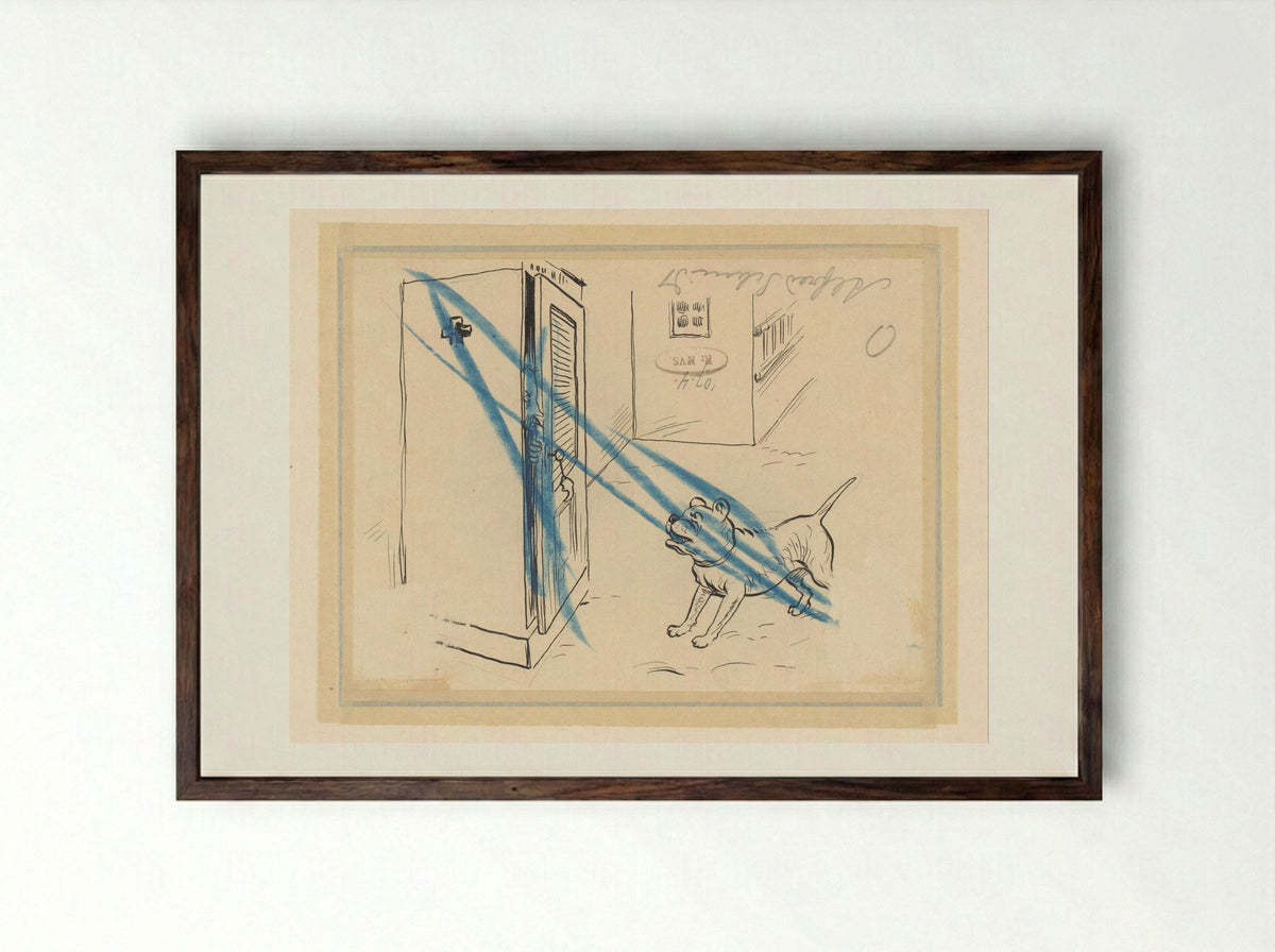 Man Hiding from a Dog in a Cupboard - Alfred Schmidt - Framed Print Dark Wood