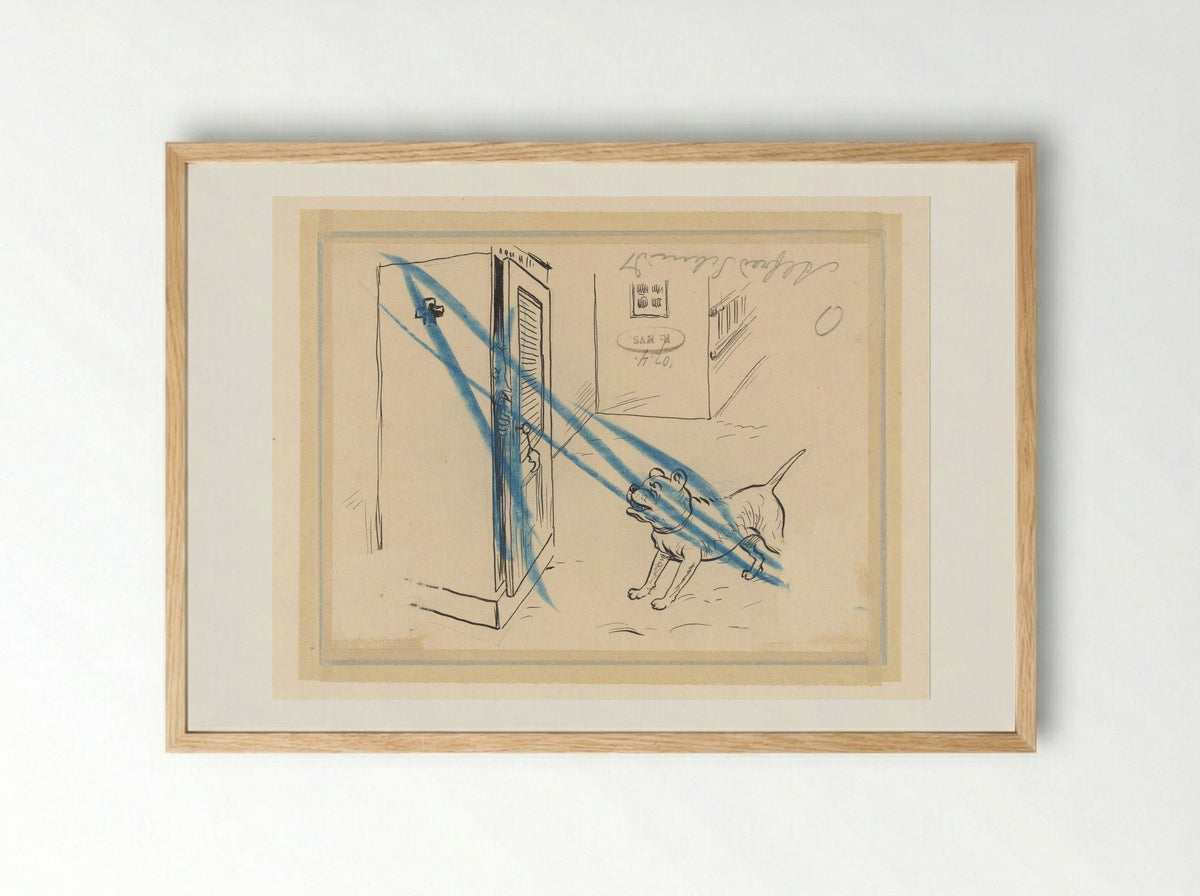 Man Hiding from a Dog in a Cupboard - Alfred Schmidt - Framed Print Wood