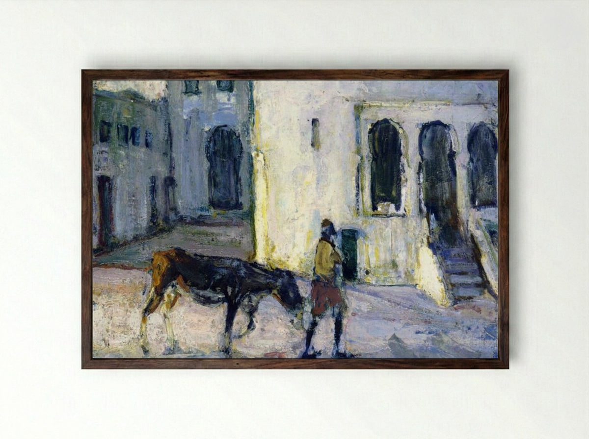 Man Leading a Donkey in Front of the Palais de Justice, Tangier - Henry Ossawa Tanner - Framed Print Dark Wood