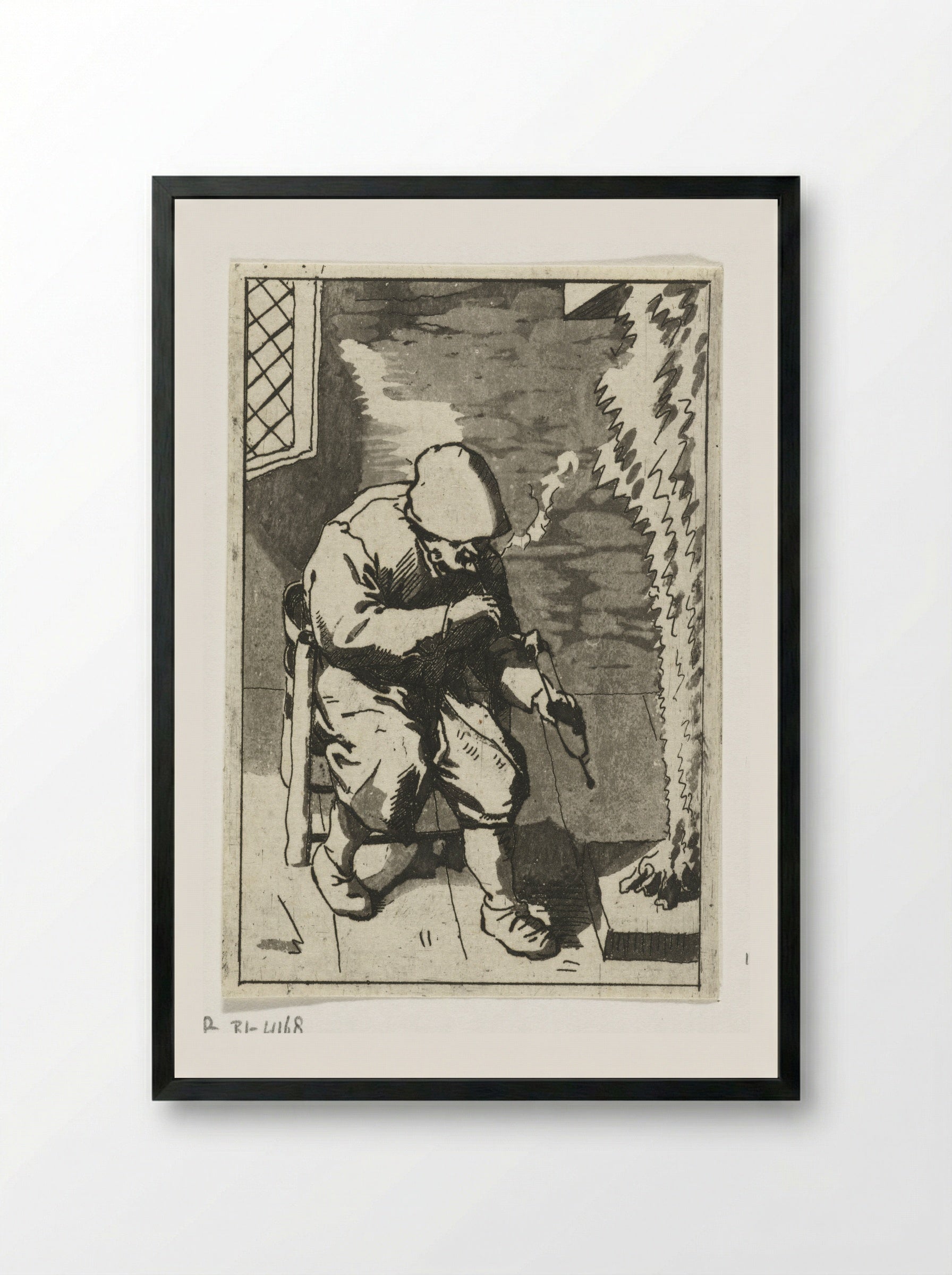Man Lighting His Pipe - Anthonie van den Bos - Framed Print Black
