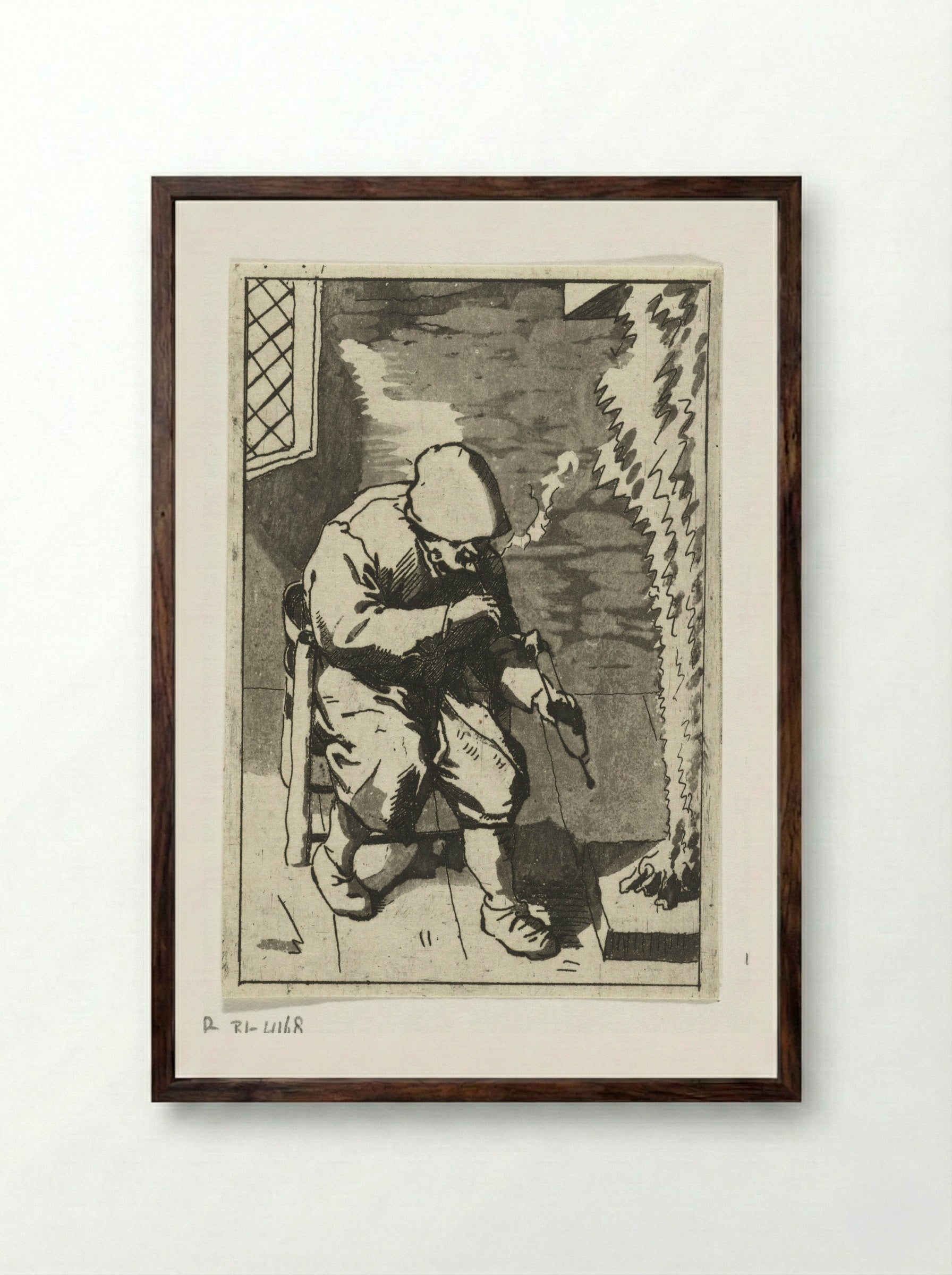 Man Lighting His Pipe - Anthonie van den Bos - Framed Print Dark Wood