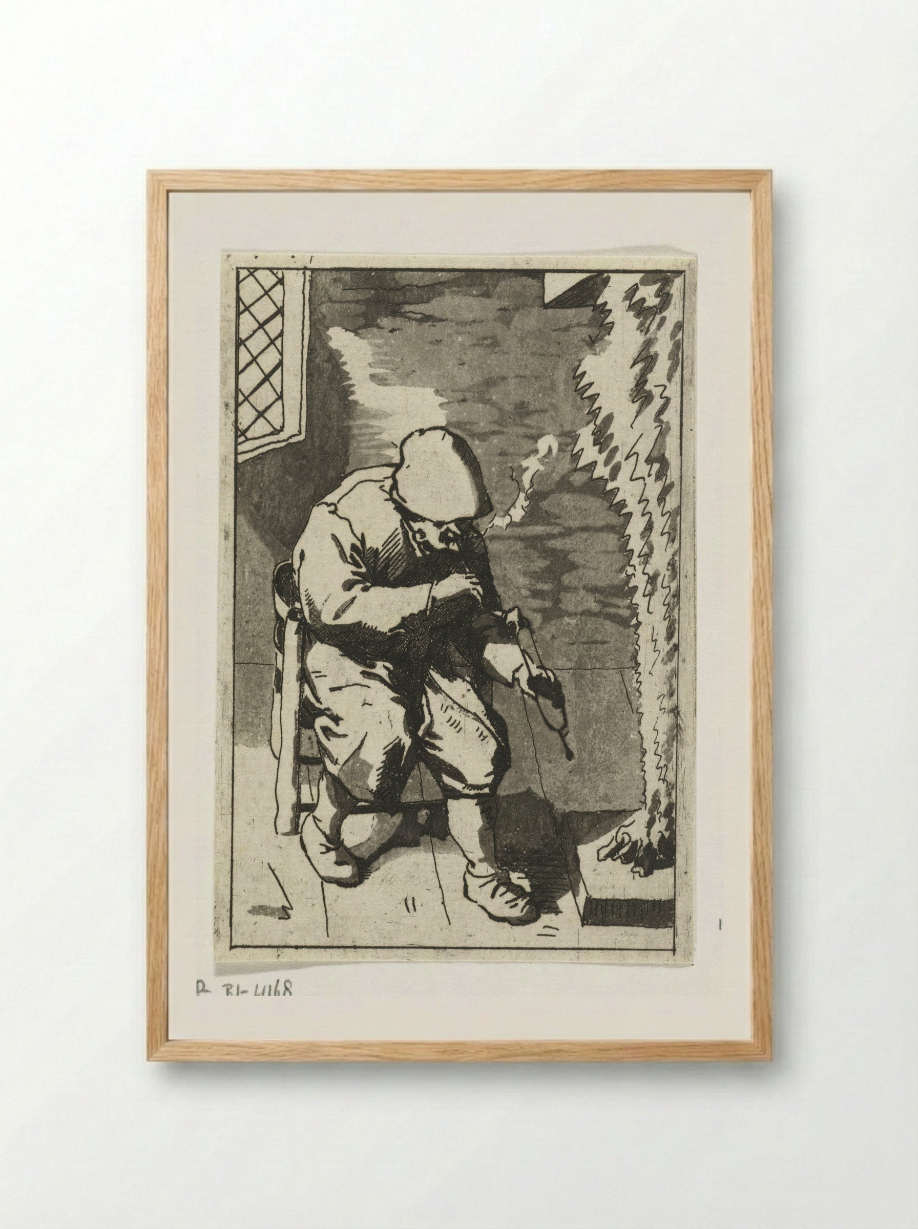 Man Lighting His Pipe - Anthonie van den Bos - Framed Print Wood