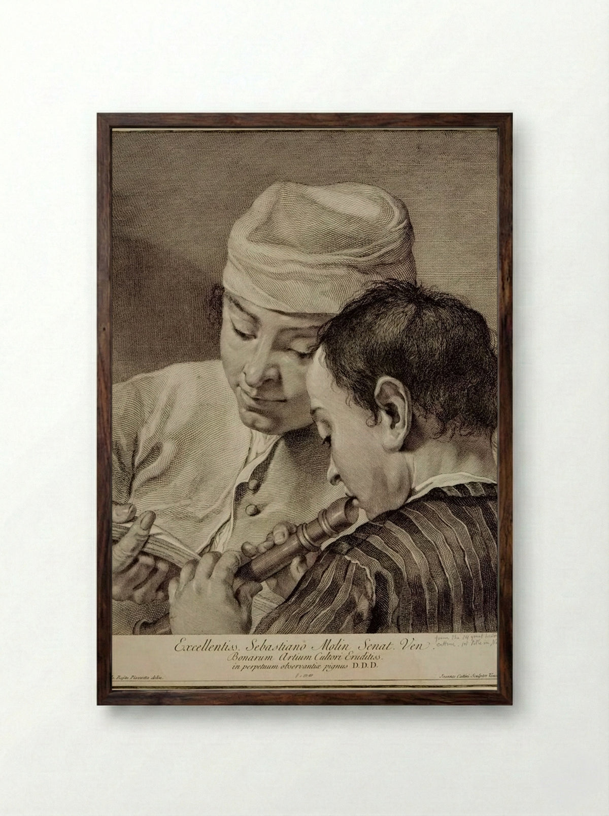 Man Playing a Fife and Another Singing - Giovanni Cattini - Framed Print Dark Wood